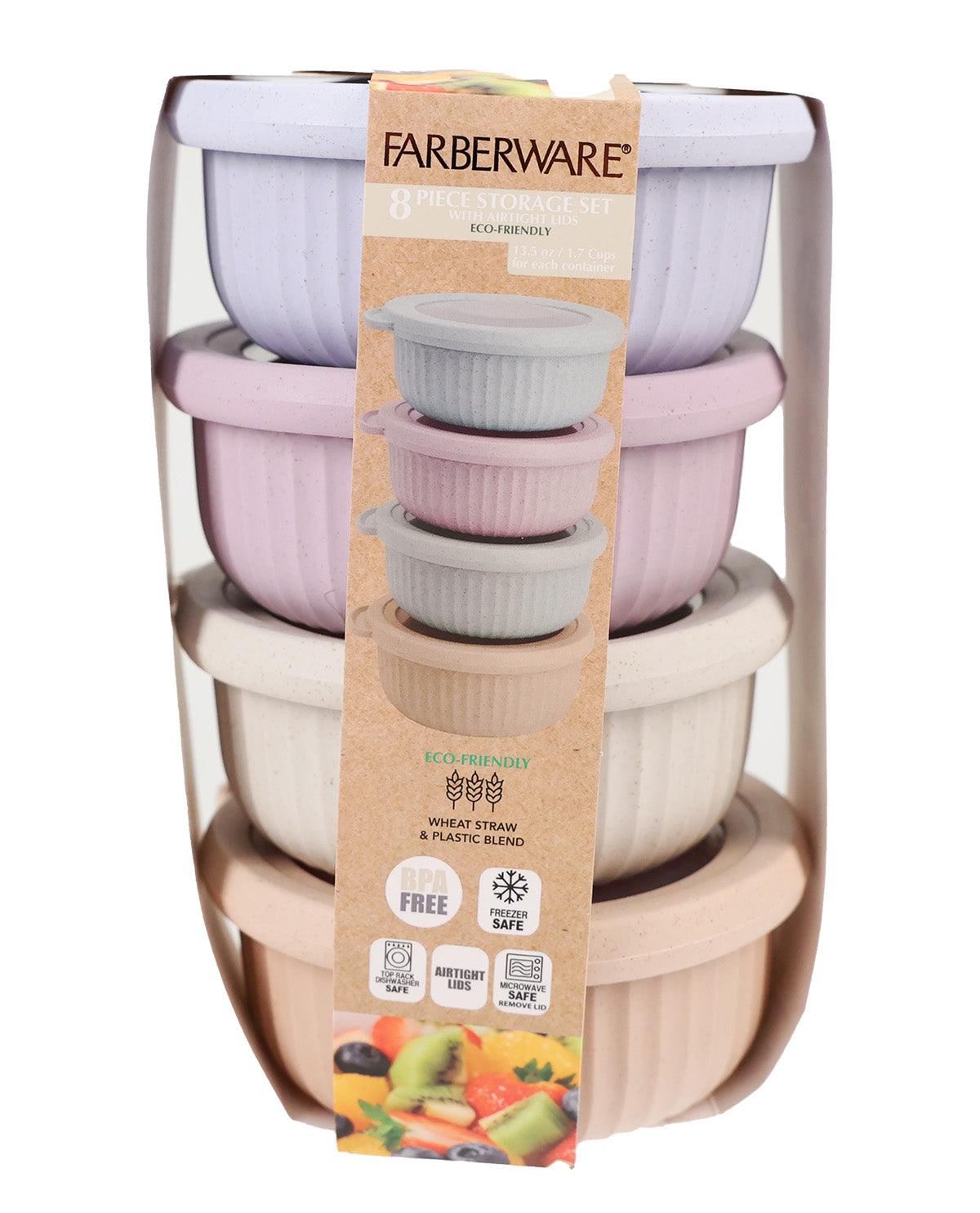 Set Of 4 Wheat Straw Round Ribbed Containers with Lids