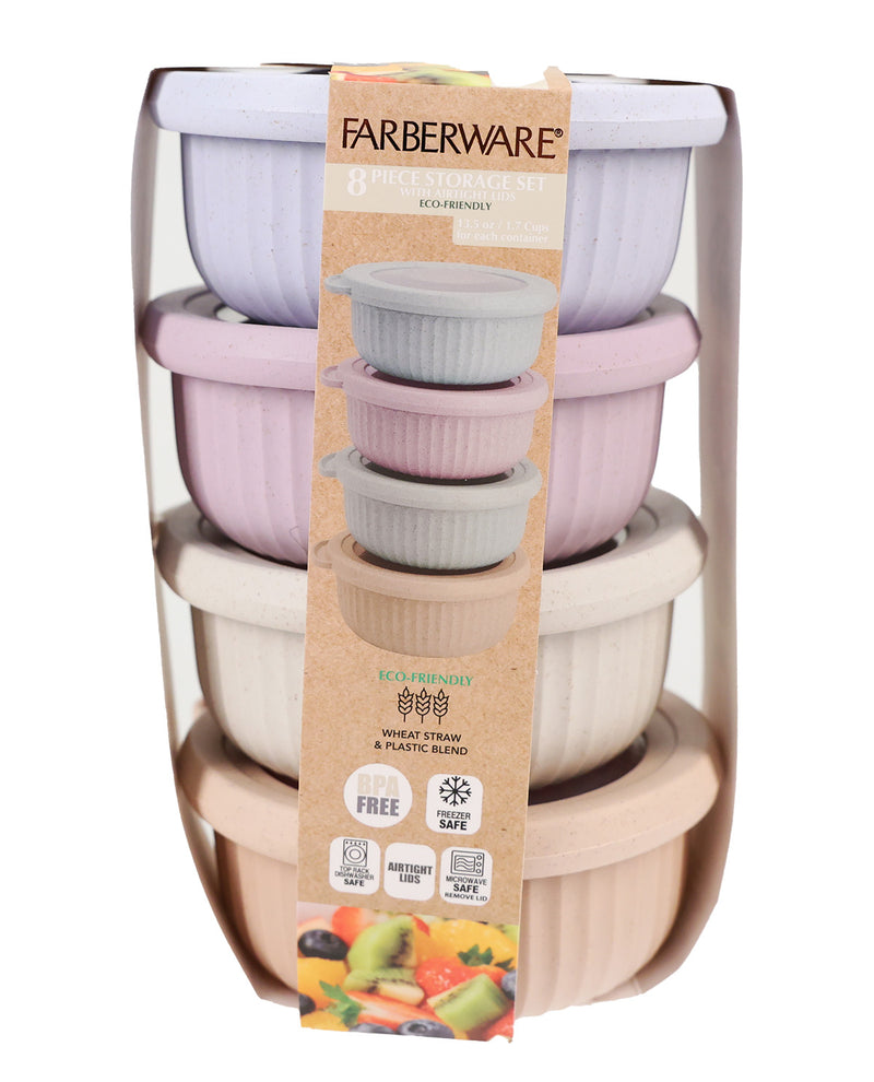 Set Of 4 Wheat Straw Round Ribbed Containers with Lids