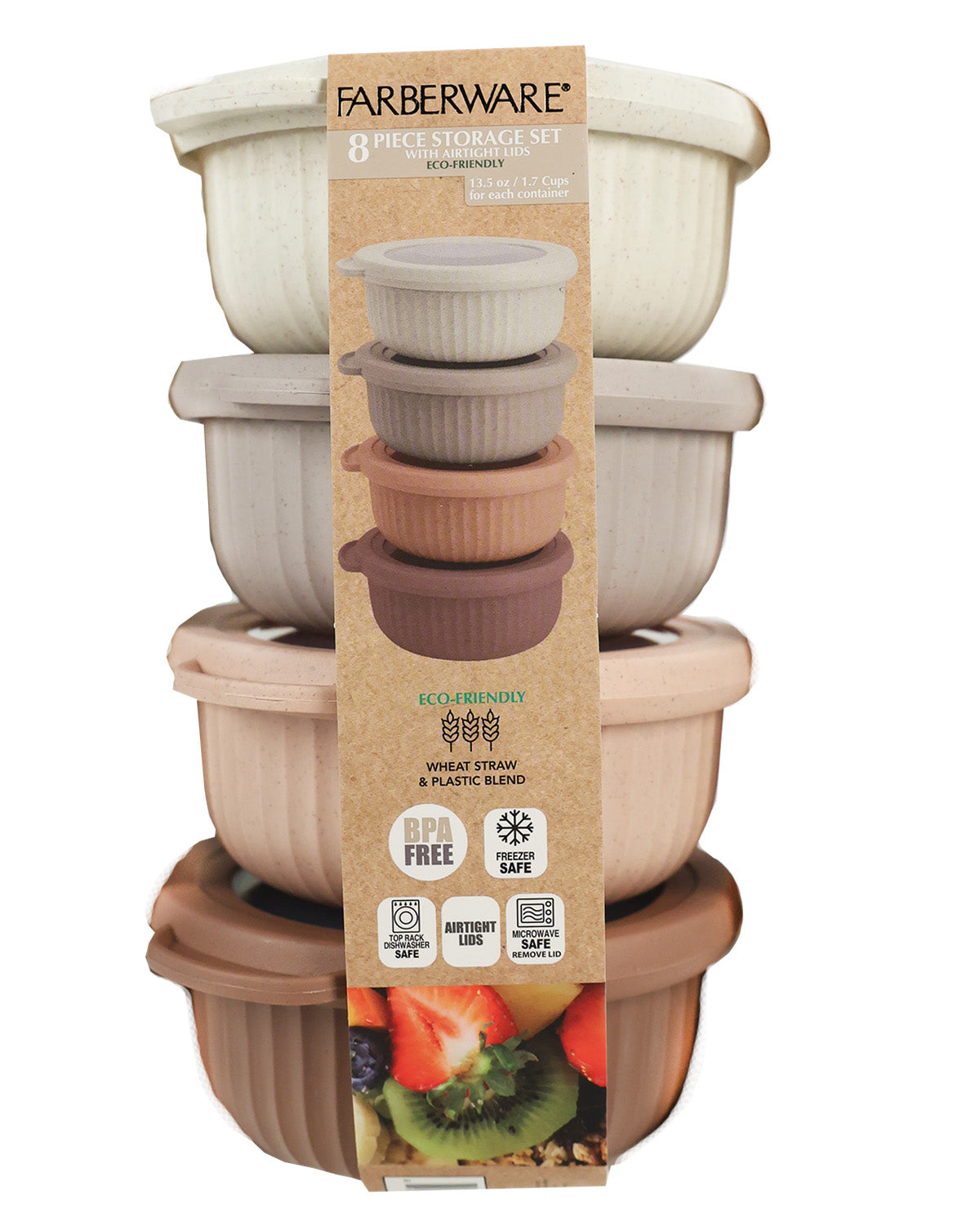 Farberware 8-piece storage set in a cardboard retail package, featuring nested round containers in cream, beige, taupe, and brown on a white background.