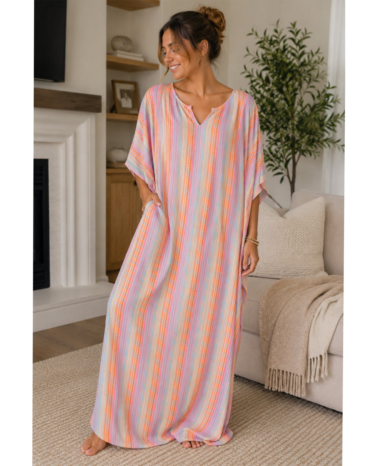 Elegant Emily Seersucker Rainbow Stripe Caftan
