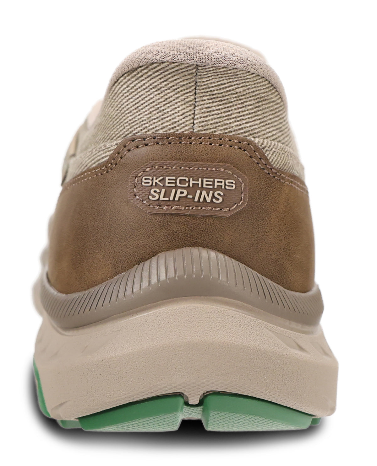 A close-up rear view of a Skechers Slip-In sneaker in beige and brown suede, featuring a light beige midsole and a mint green outsole.