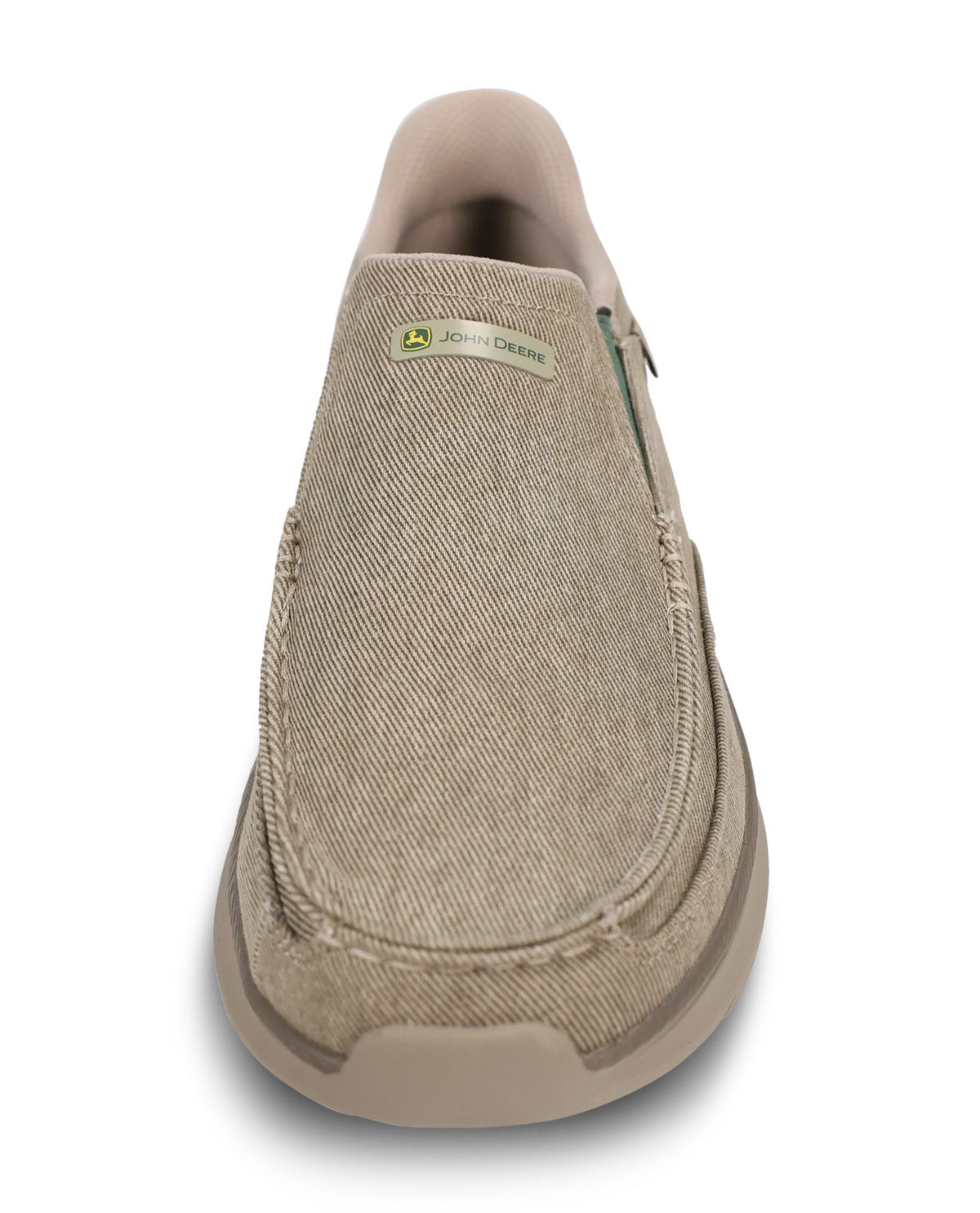 A single slip-on loafer shoe in a textured beige canvas-like material, shown from a front-facing perspective on a white background.