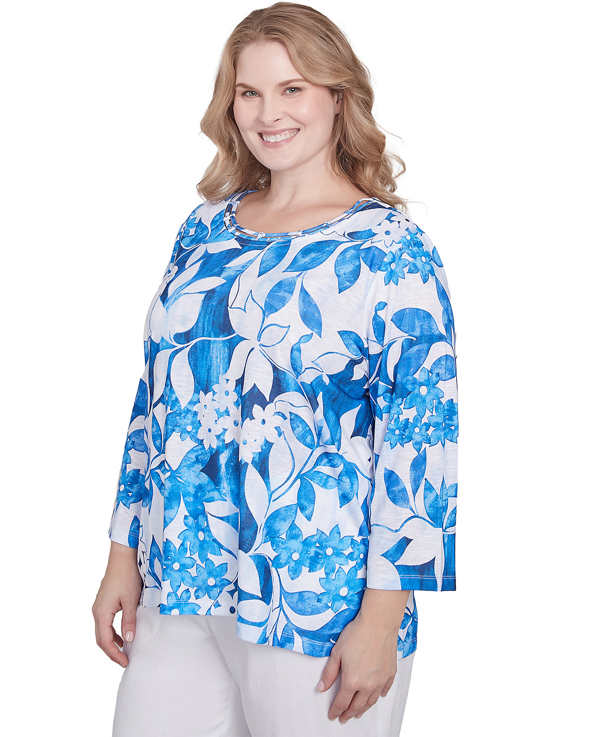 Alfred Dunner Parrot Cay Floral Knit Top Cobalt