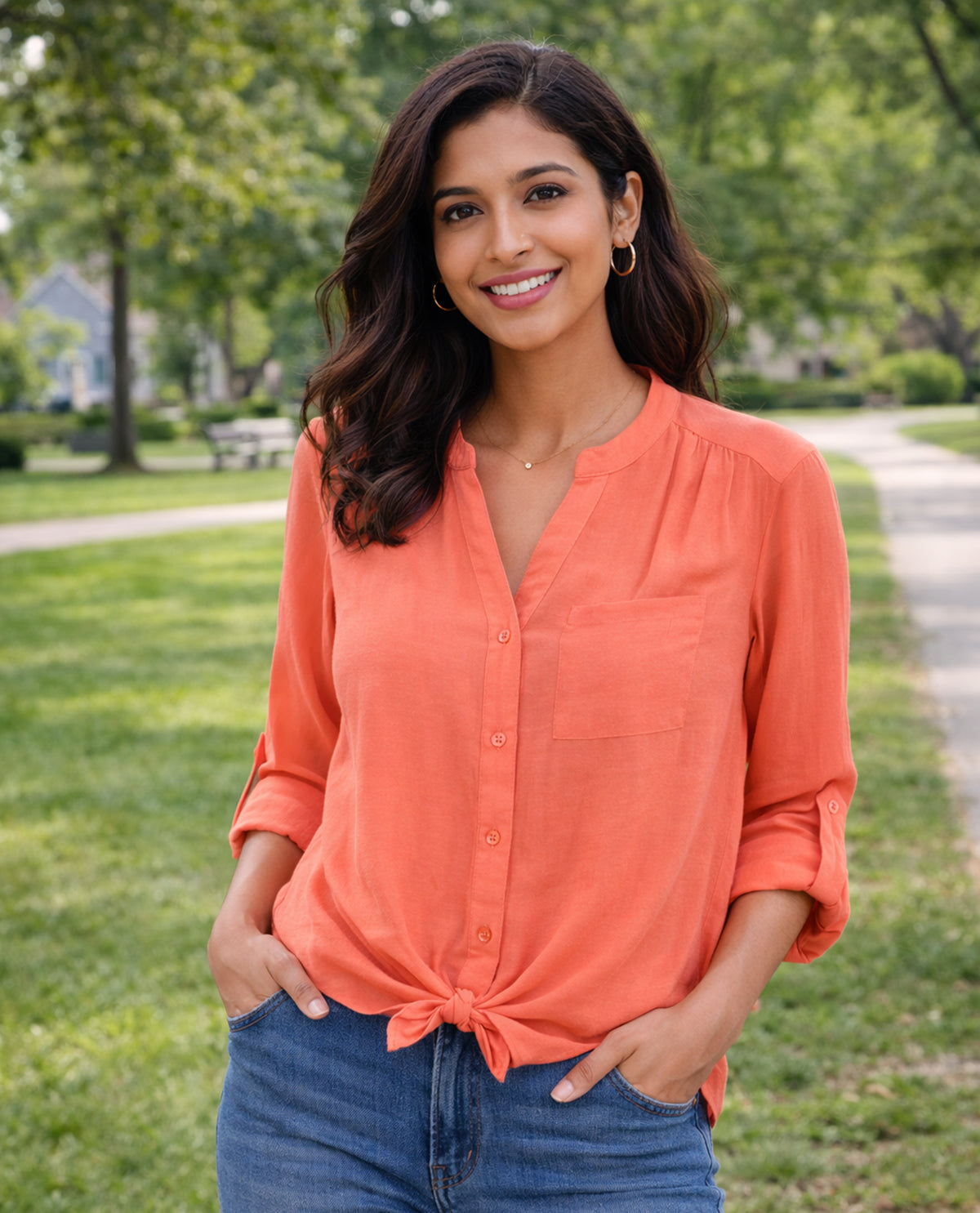 Zac & Rachel Solid Slub Tie Front Top Coral