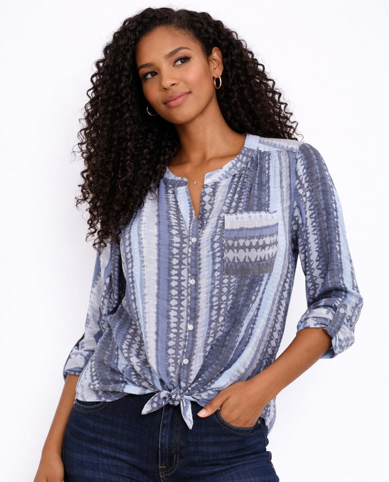 Zac & Rachel Printed Slub Tie Front Blouse