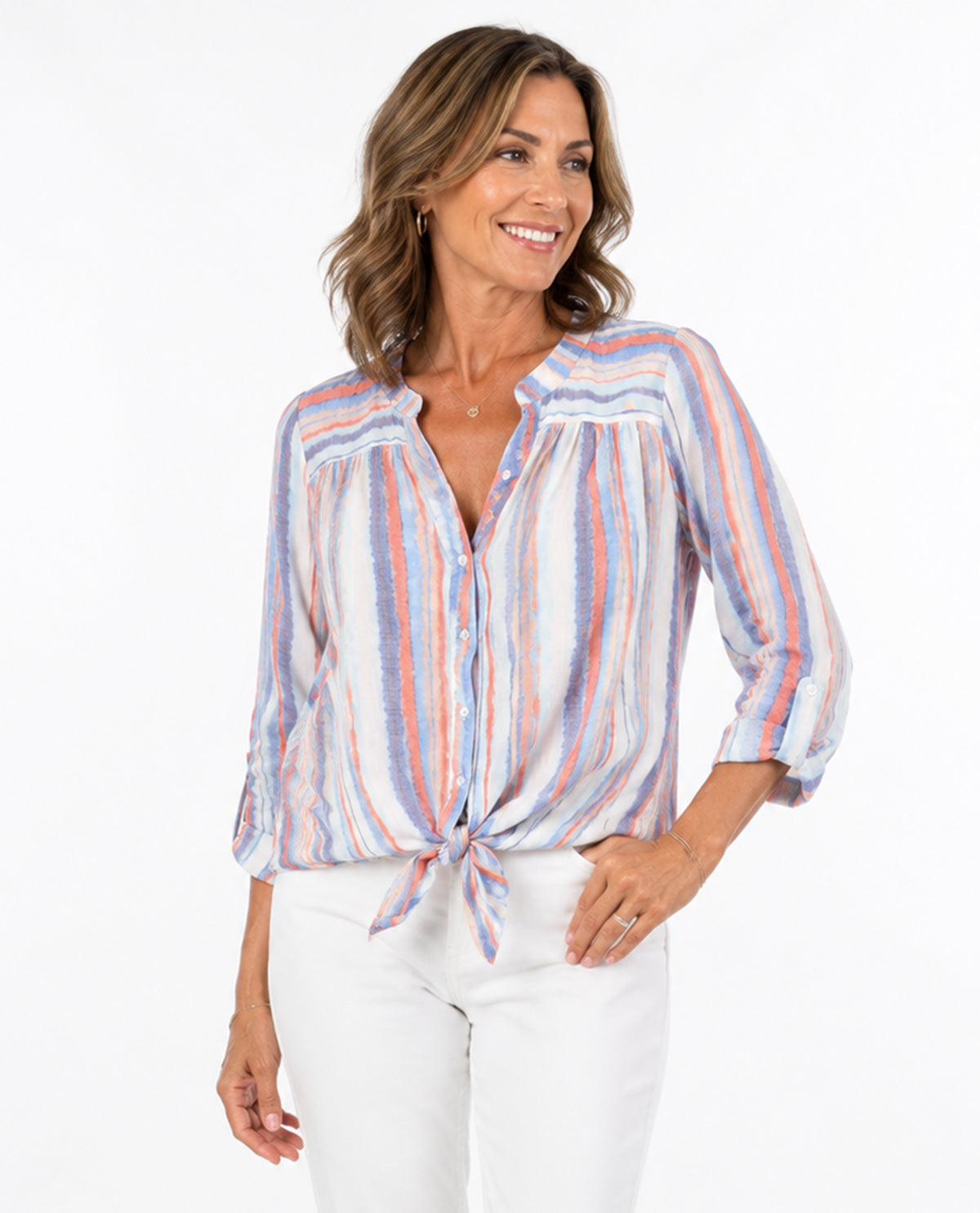 Hope & Harlow Print Slub Tie Front Top