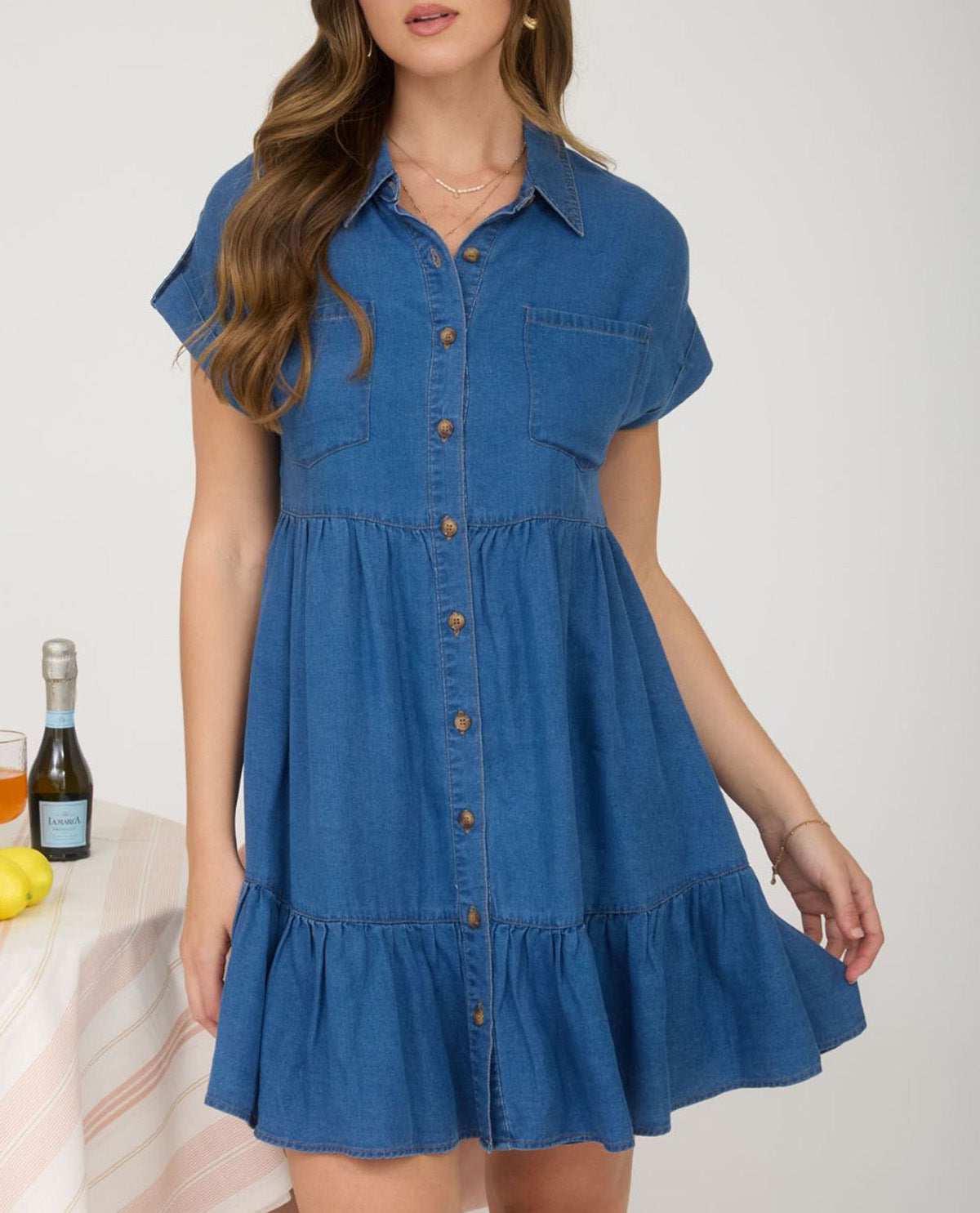 Solid Button Down Dress with Collar