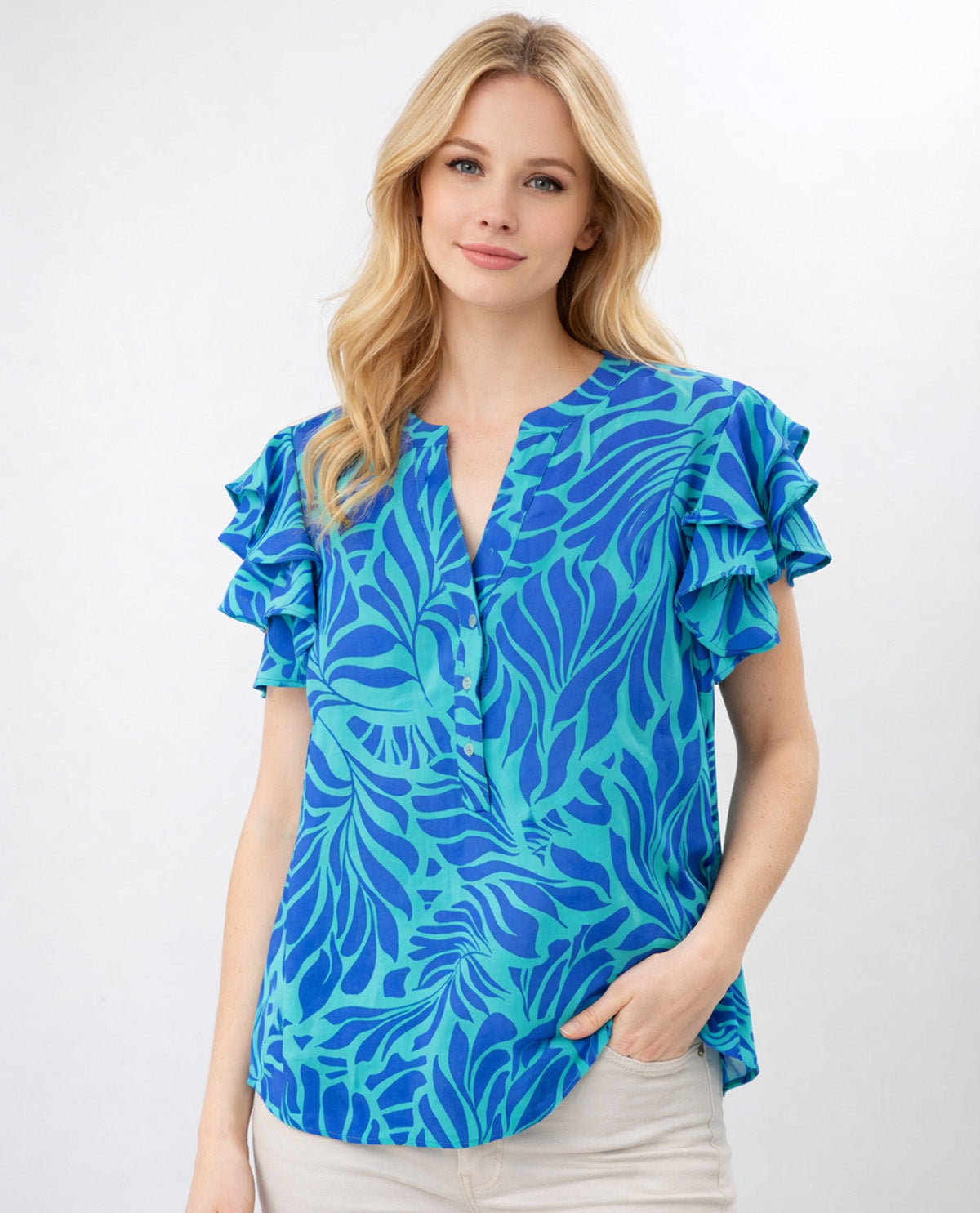 Zac & Rachel Petite Print Slub Top Simply Green/Blues