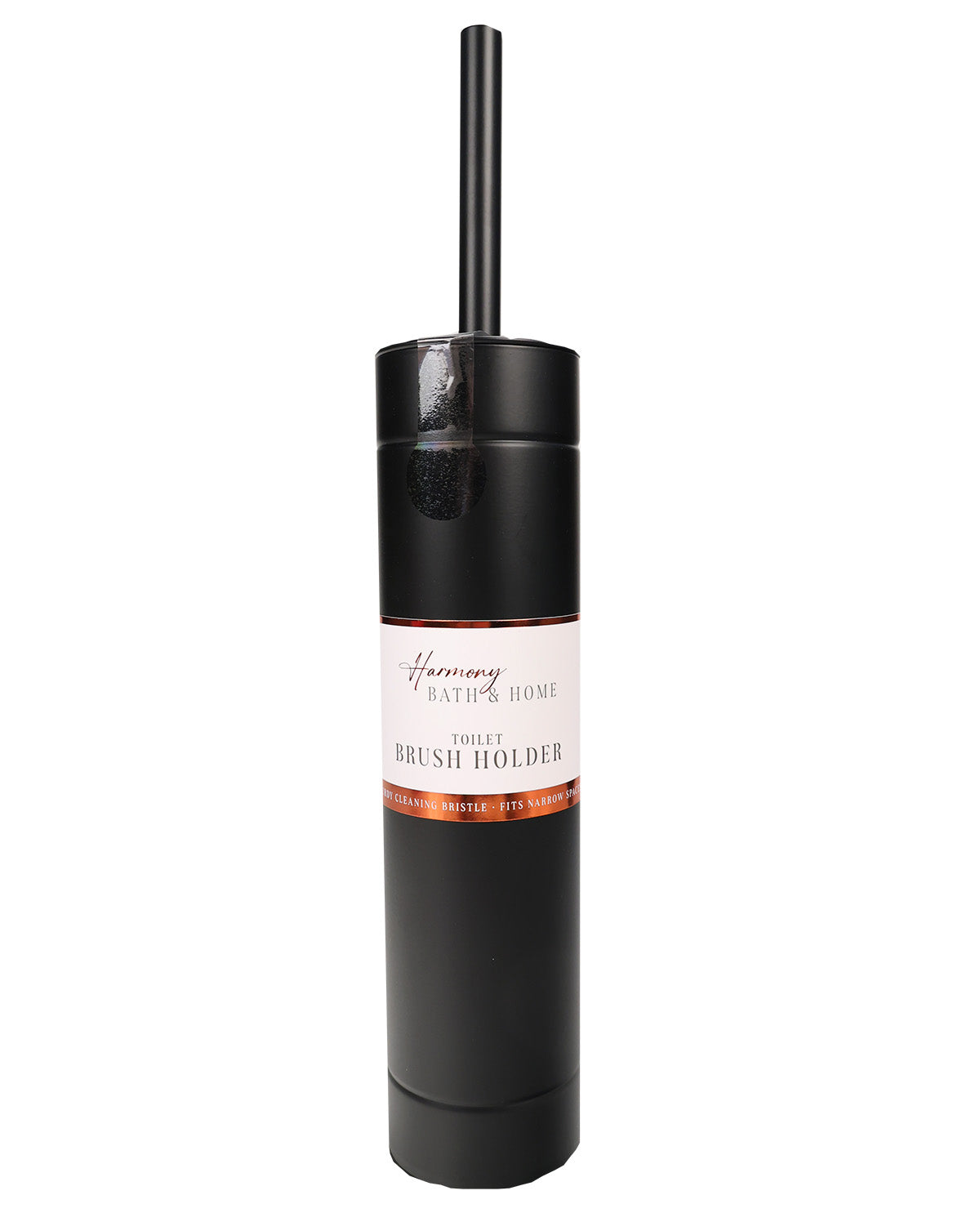 A black cylindrical toilet brush holder with a white and orange label reading 'Harmony Bath & Home' and 'TOILET BRUSH HOLDER', shown on a plain white background.