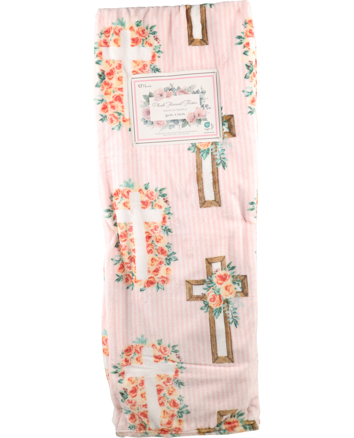 Floral cross design on a pink background with a label.