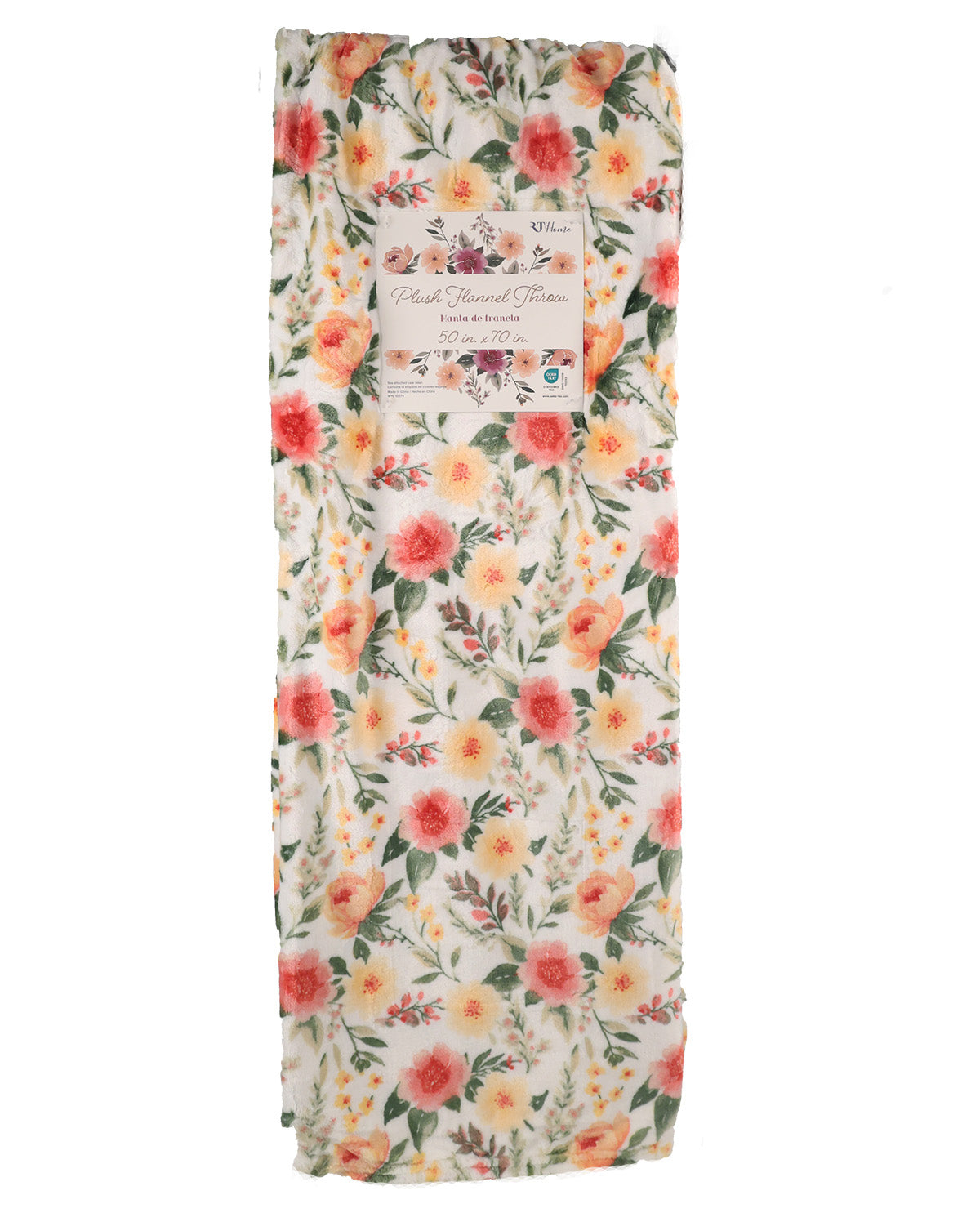 A folded cotton muslin baby blanket with a vibrant floral print, featuring red, orange, and yellow flowers with green leaves on a cream background. A paper label is attached near the top center.
