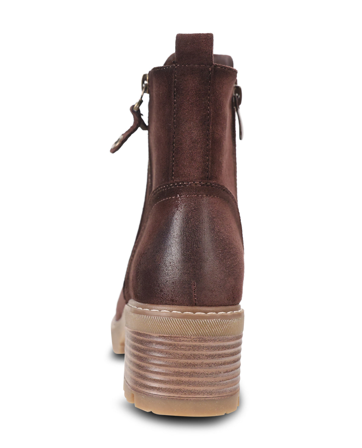 A dark brown leather ankle boot shown from the back, featuring a stacked platform sole with a textured tan midsole and a side zipper.