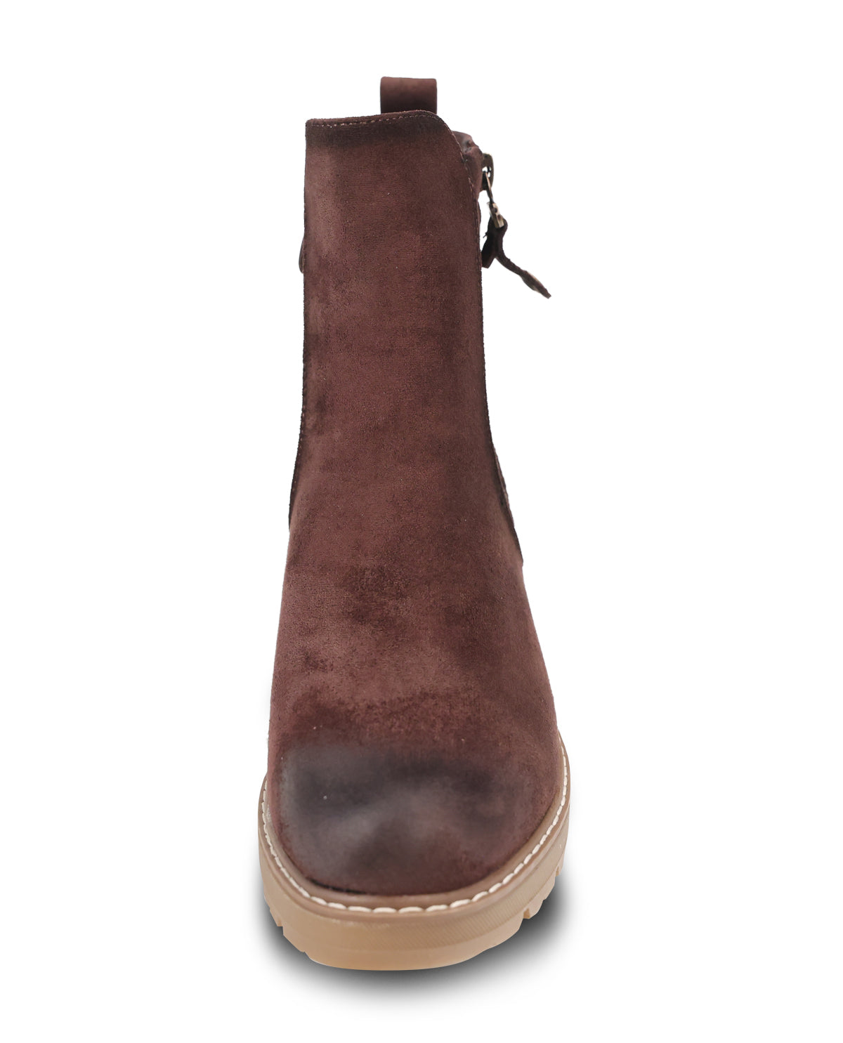 A single dark brown suede ankle boot with a side zipper and a beige sole, shown from a front-facing perspective on a white background.