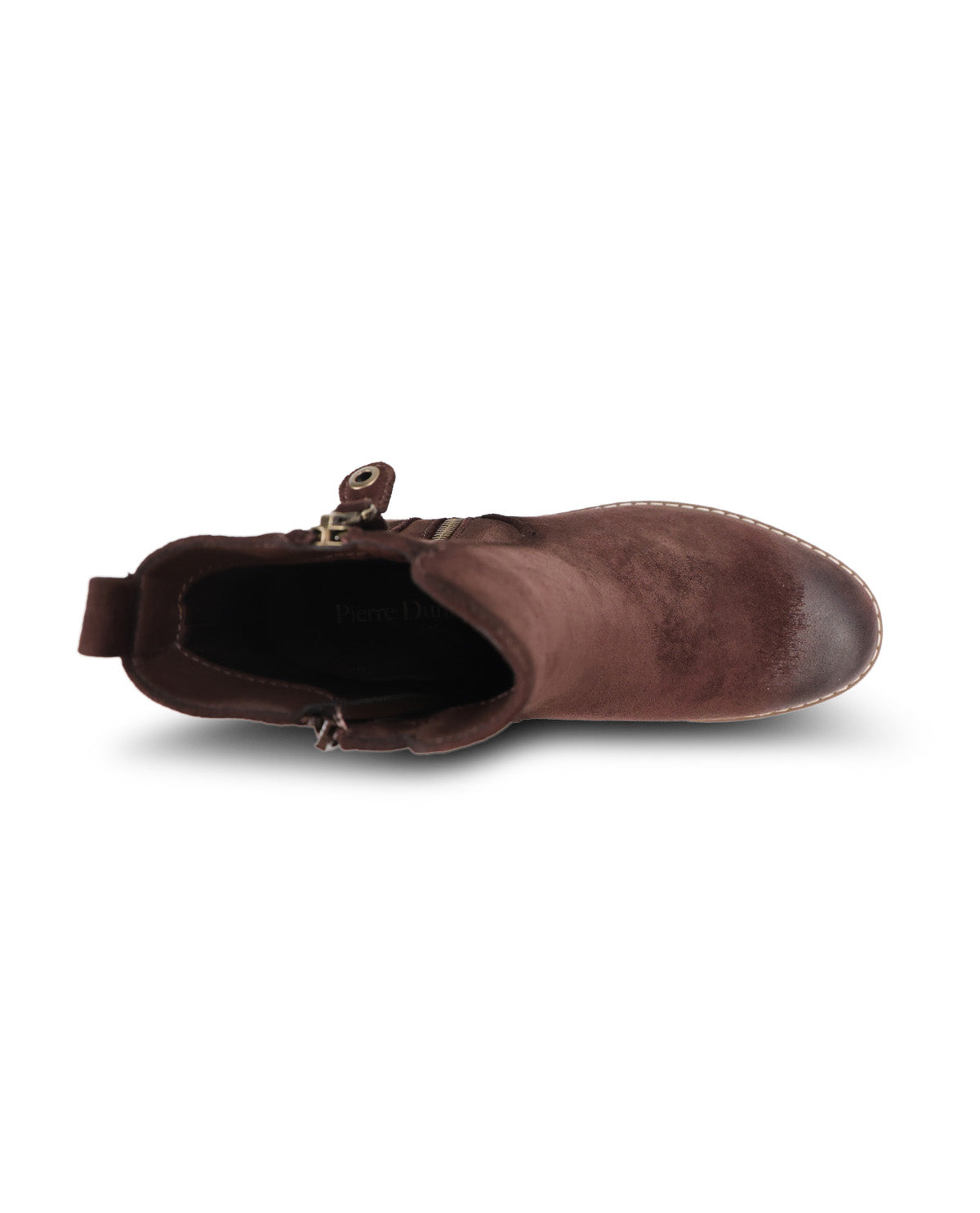 A single dark brown suede ankle boot with a side zipper and a beige sole