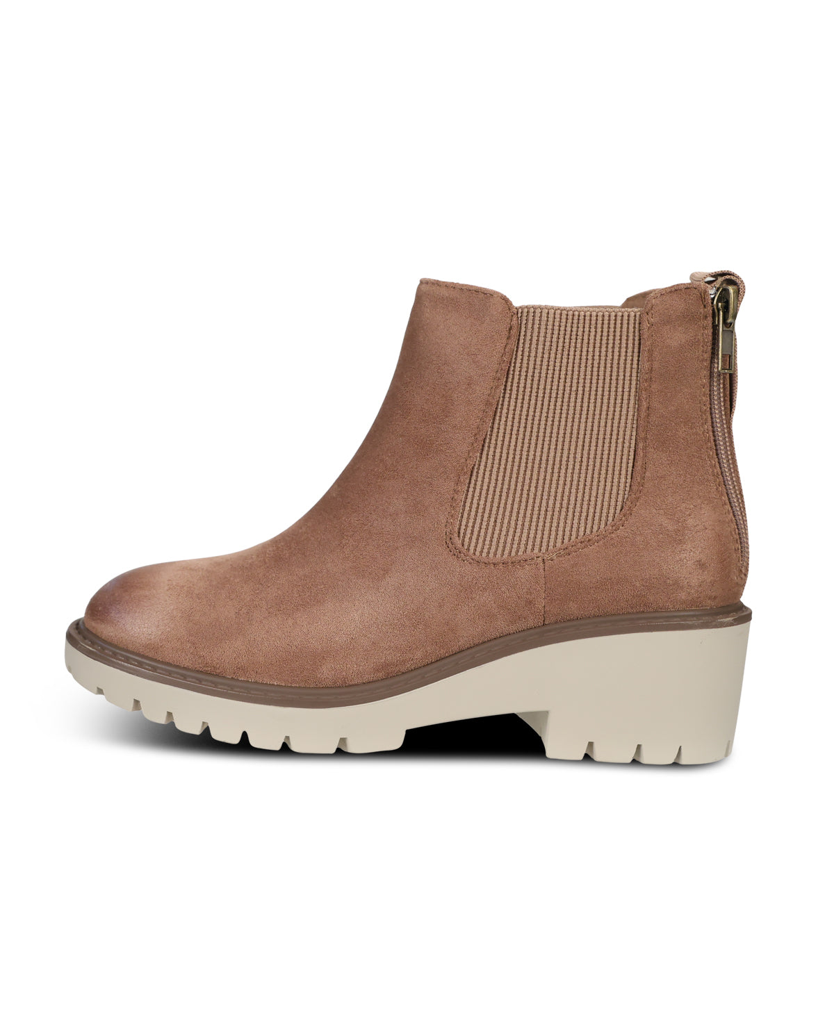 A single brown ankle boot with a ribbed elastic side panel and a chunky off-white sole, shown from a side profile on a white background.