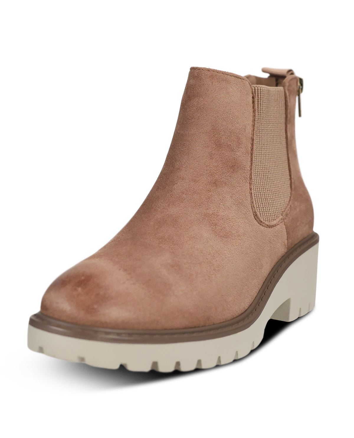 A single women's ankle boot in a light tan suede-like material with elastic side panels and a chunky off-white sole, shown on a plain white background.