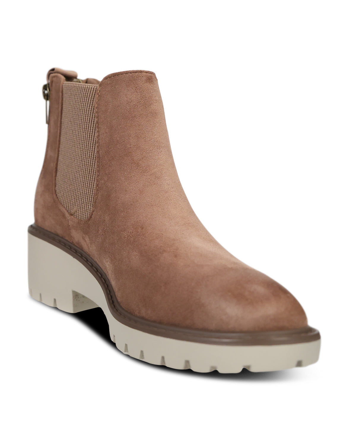 A single women's ankle boot in light brown with a beige elastic side panel and a chunky off-white lug sole, shown from a three-quarters angle on a white background.