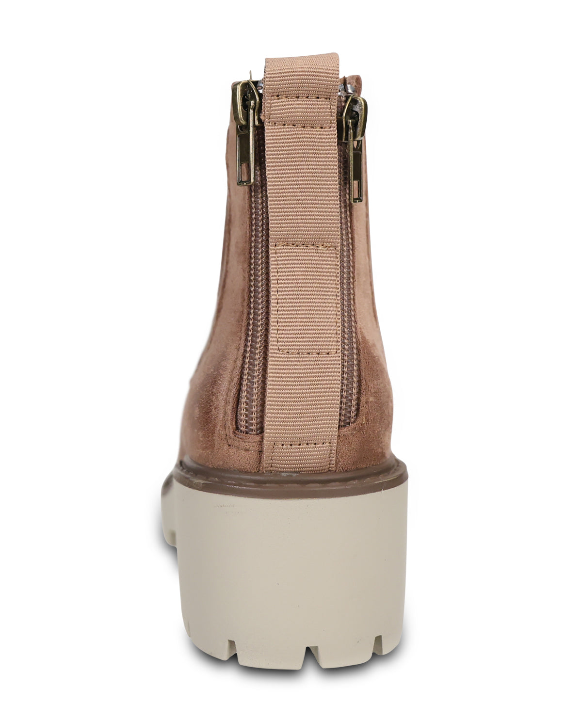 A single ankle boot shown from the back, featuring a taupe-brown upper with a matching elastic side panel and gold-tone zipper hardware, set against a solid white background.