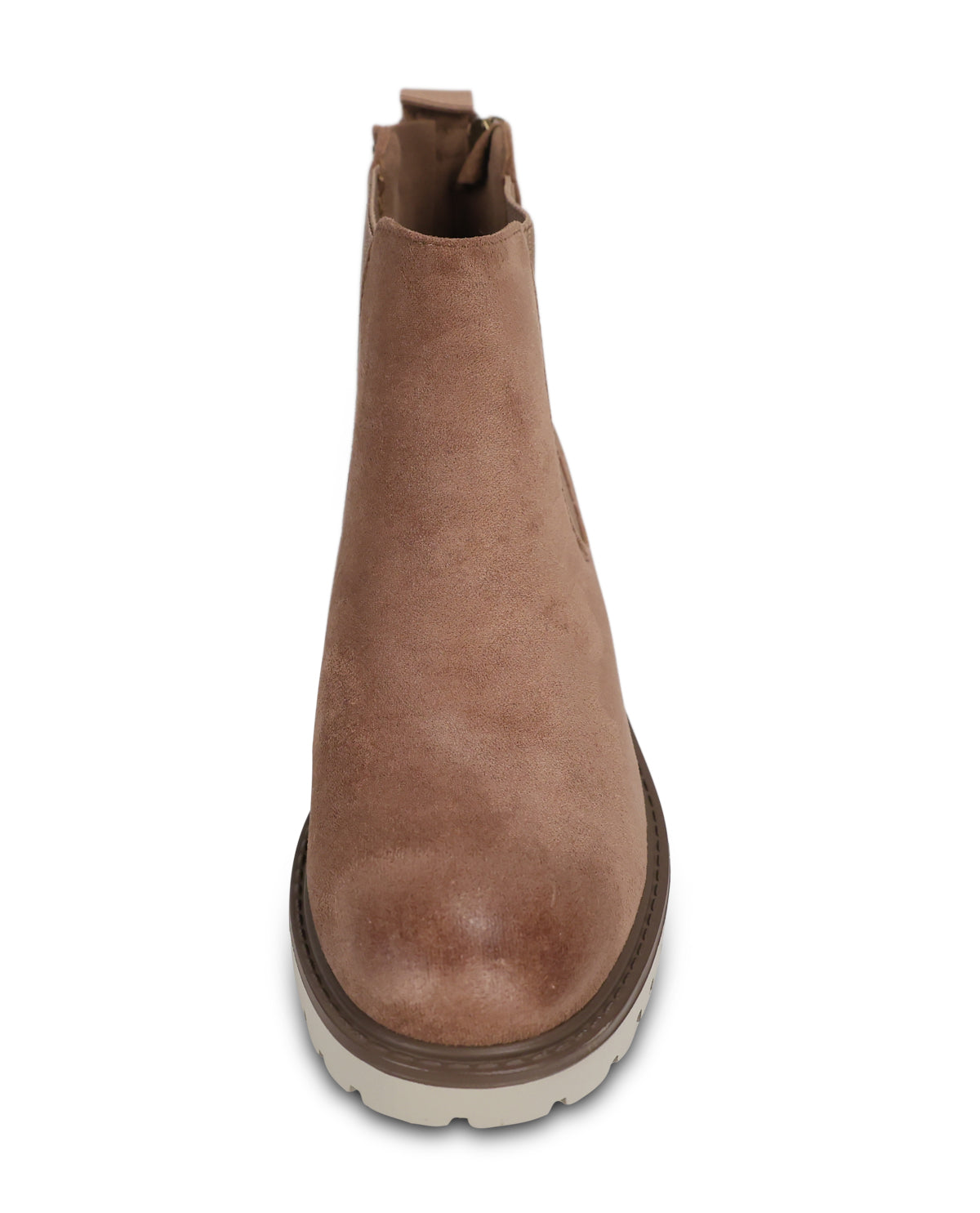 A single brown suede Chelsea-style ankle boot with a chunky sole, shown from a front-facing overhead perspective on a white background.
