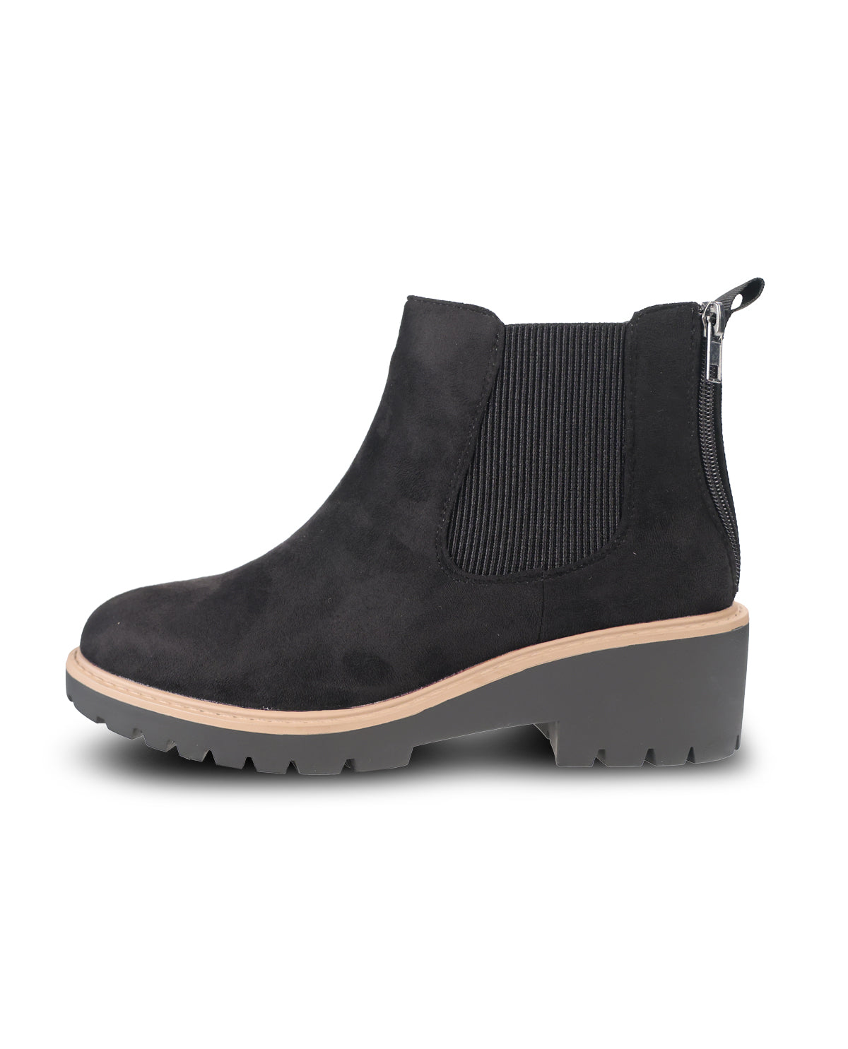 A single black suede Chelsea-style ankle boot with a ribbed elastic side panel, a low chunky gray block heel, and a light tan midsole, shown from a side profile on a white background.