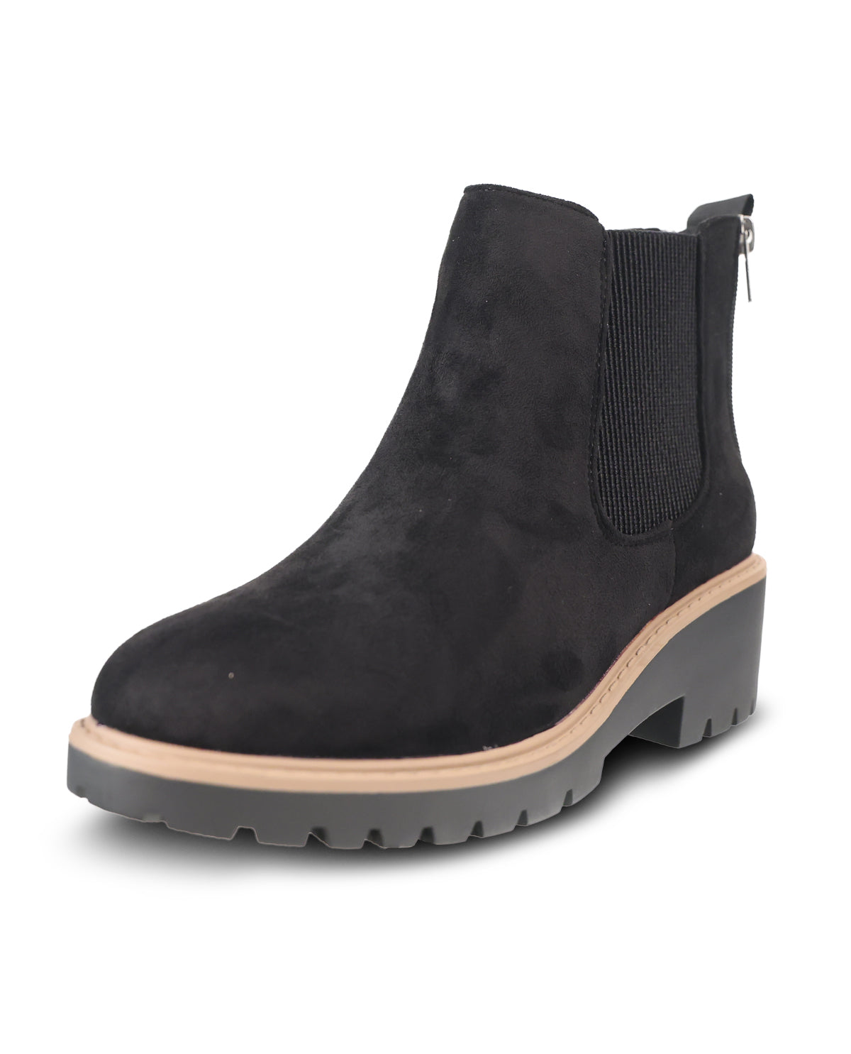 A black suede Chelsea-style ankle boot with a chunky gray lug sole, beige midsole stripe, and side zipper, shown on a white background.