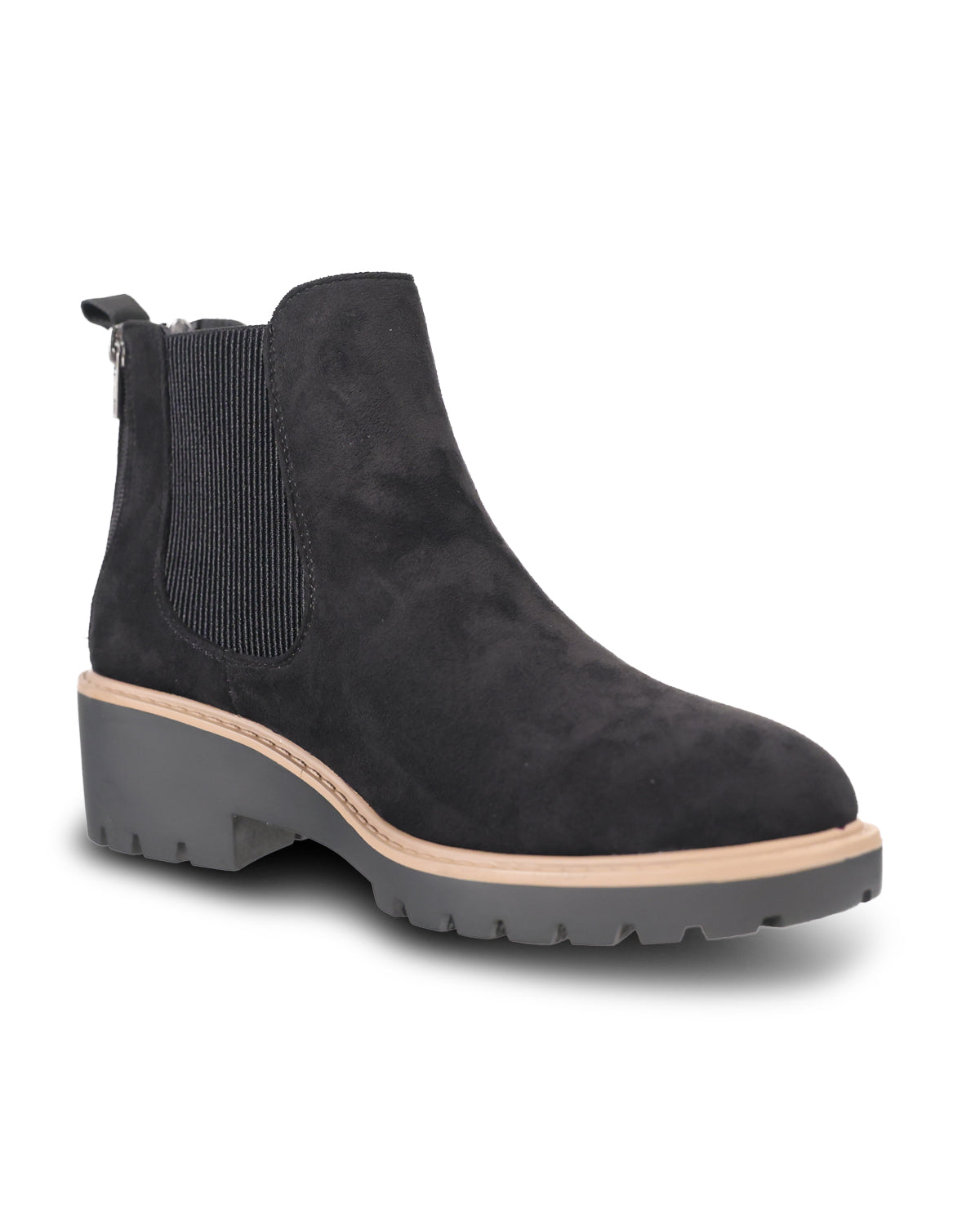 A single black suede Chelsea-style ankle boot with a gray block heel and sole, featuring a beige welt stripe, shown against a plain white background.