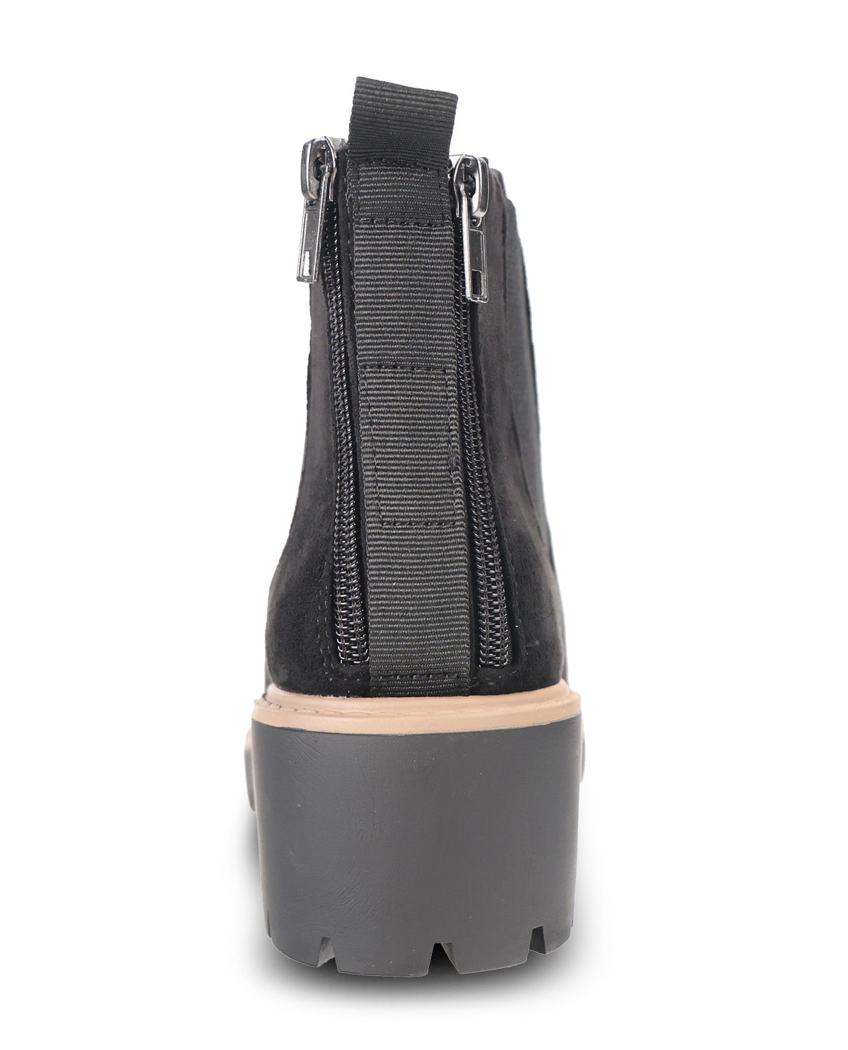 Black ankle boot with a chunky platform sole, featuring a wide black elastic side panel and a thick dark gray lug sole, shown from the back on a white background.