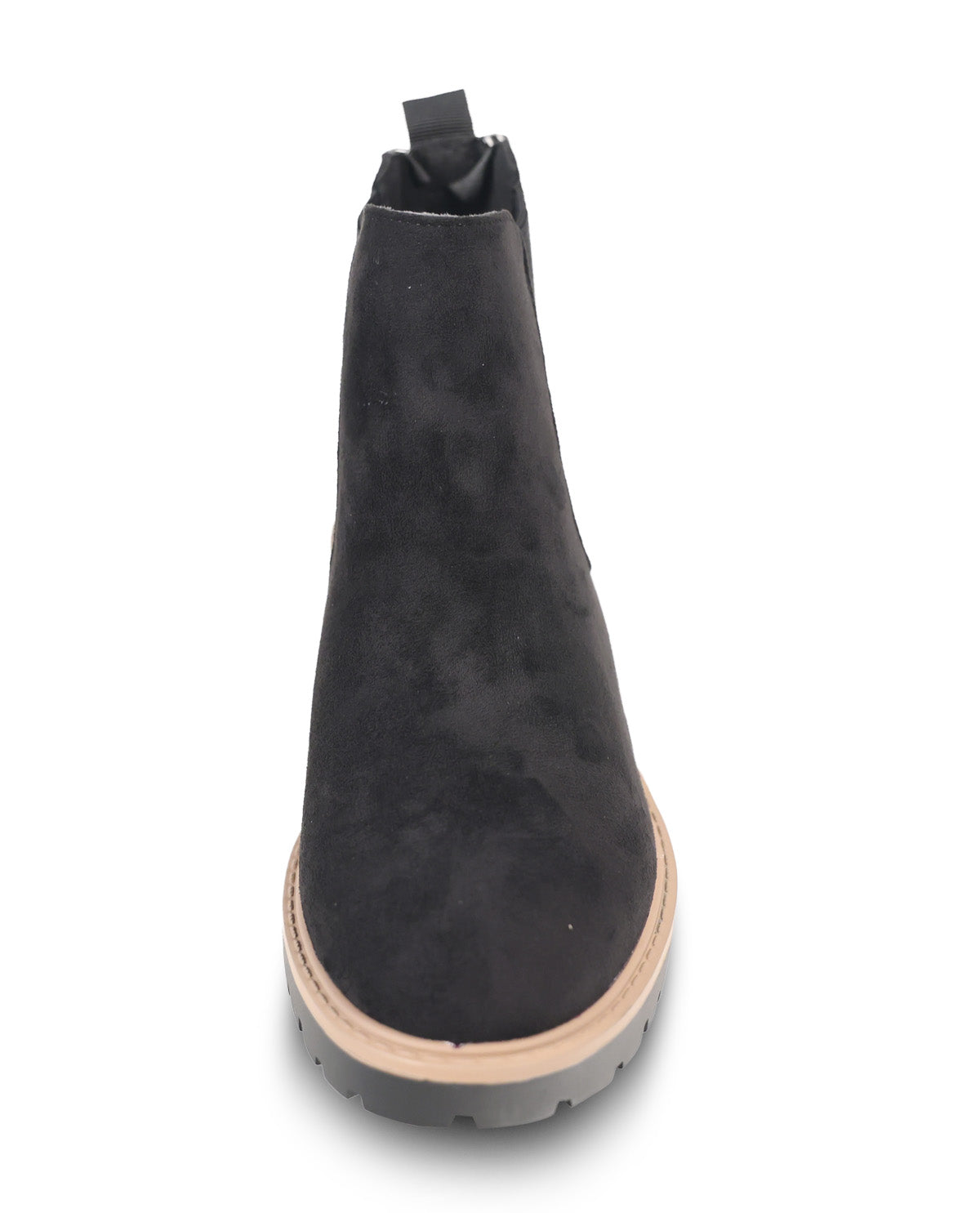 A black suede Chelsea-style ankle boot shown from a top-down view, featuring a tan midsole and a black outsole, set against a plain white background.