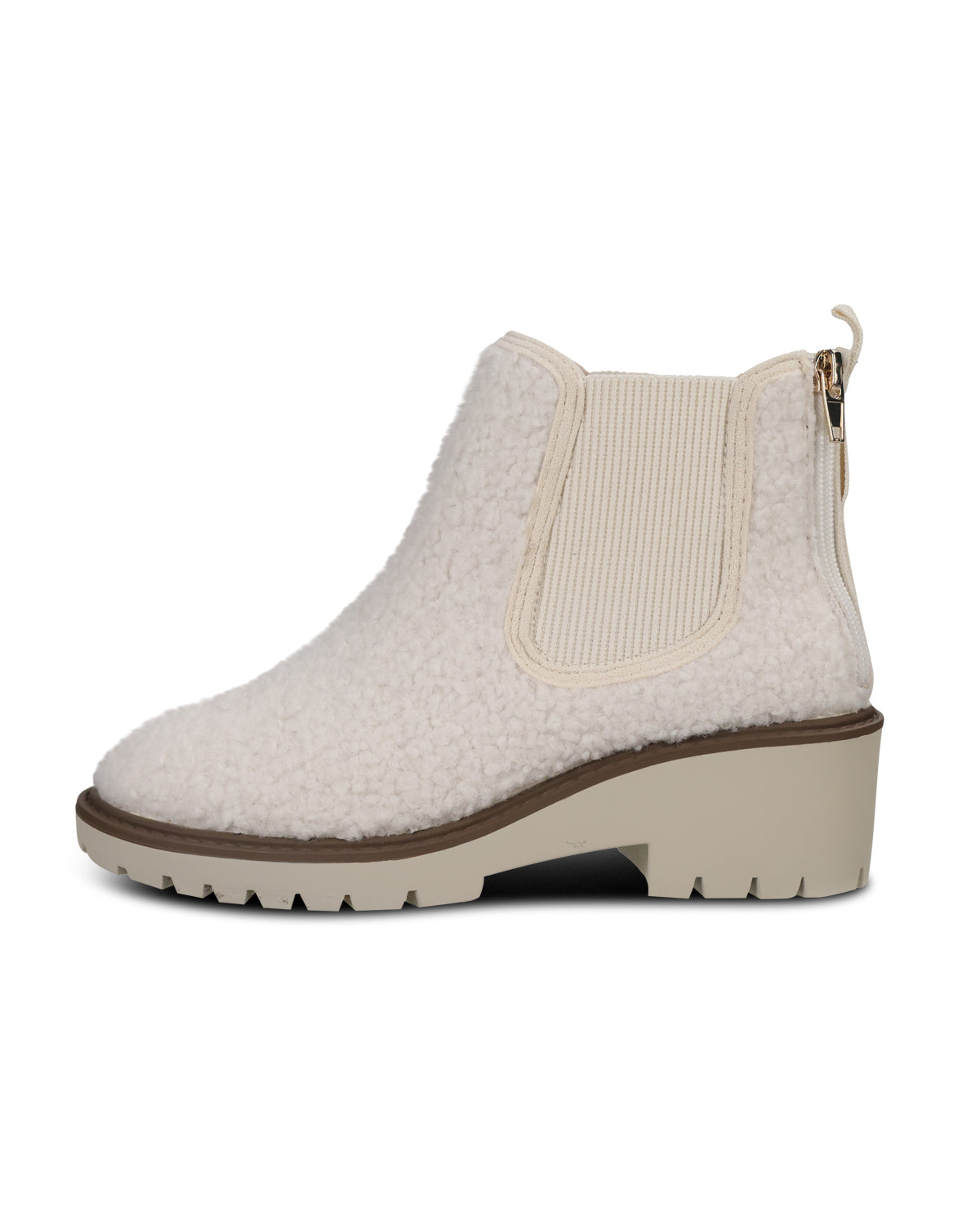 A single off-white ankle boot with a textured sherpa-like upper, a ribbed elastic side panel, a gold-tone zipper, and a chunky low block heel, shown from a side profile on a white background.