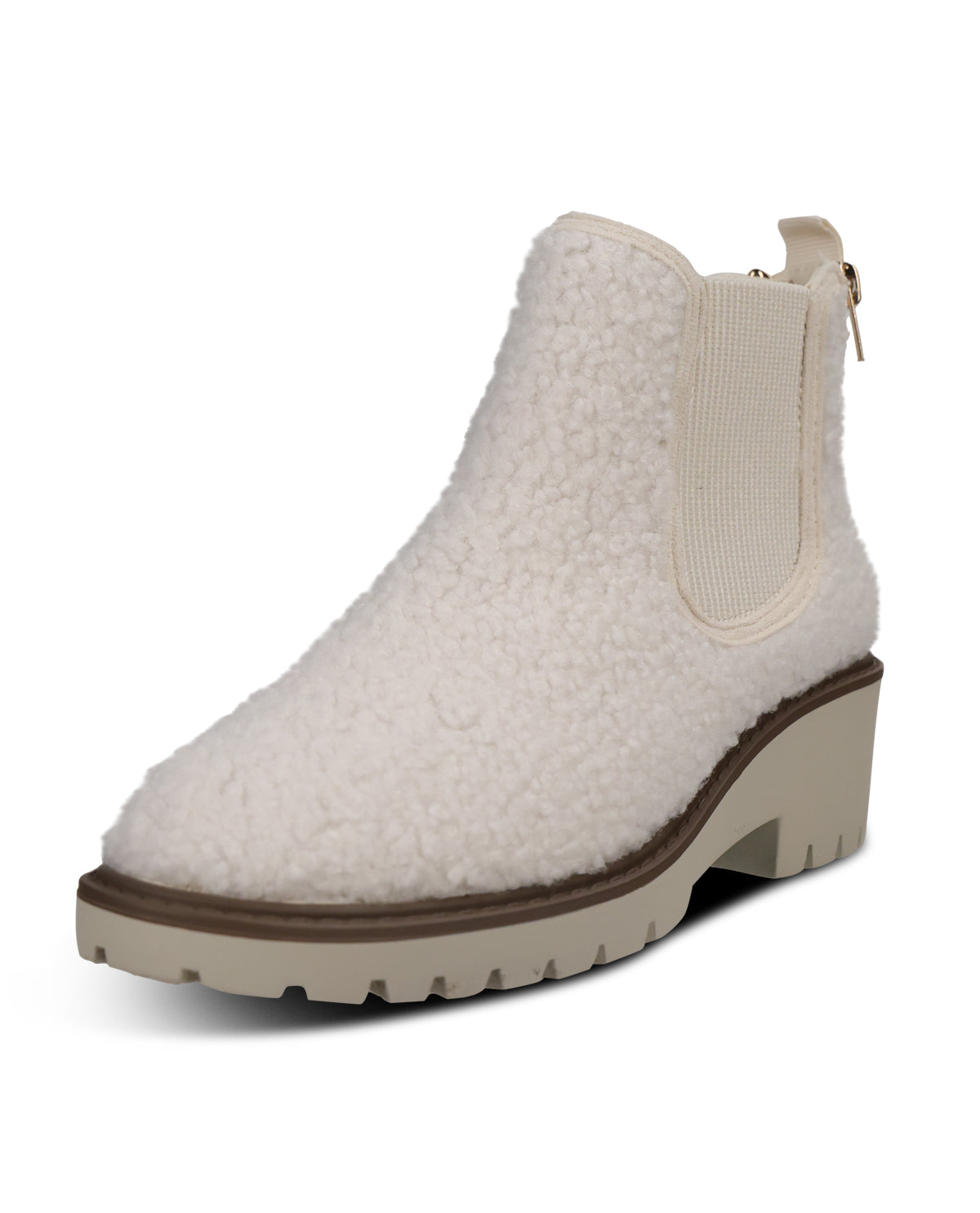 A single off-white ankle boot with a textured sherpa or fleece upper, elastic side gore, and a chunky beige block heel with a brown midsole, shown on a plain white background.