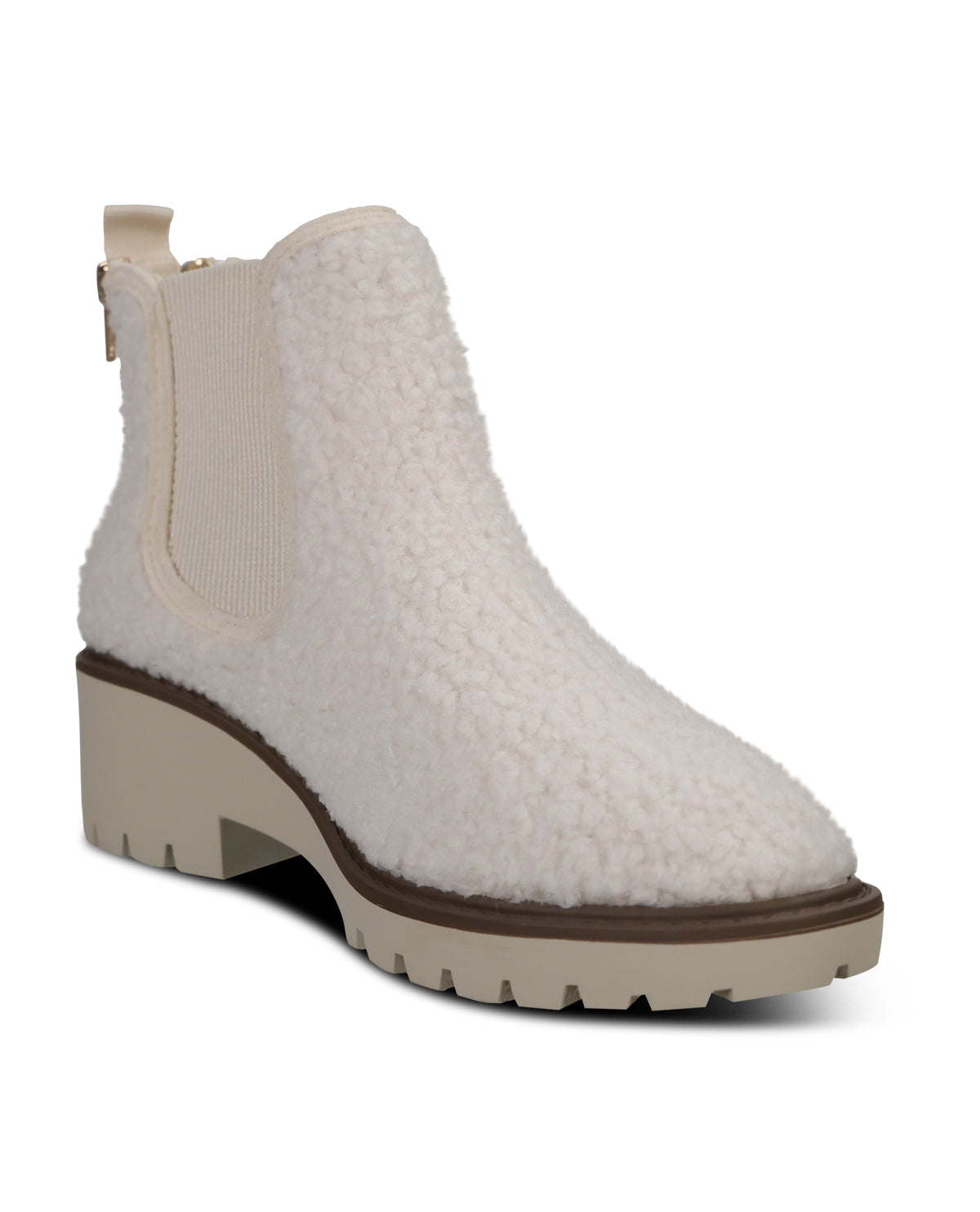 A single off-white sherpa fleece ankle boot with a beige elastic side panel and a chunky beige block heel, shown on a plain white background.