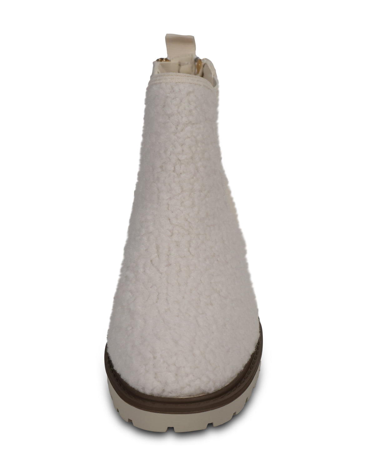 A single white sherpa fleece ankle boot with a brown sole, shown from a rear three-quarter view on a white background.