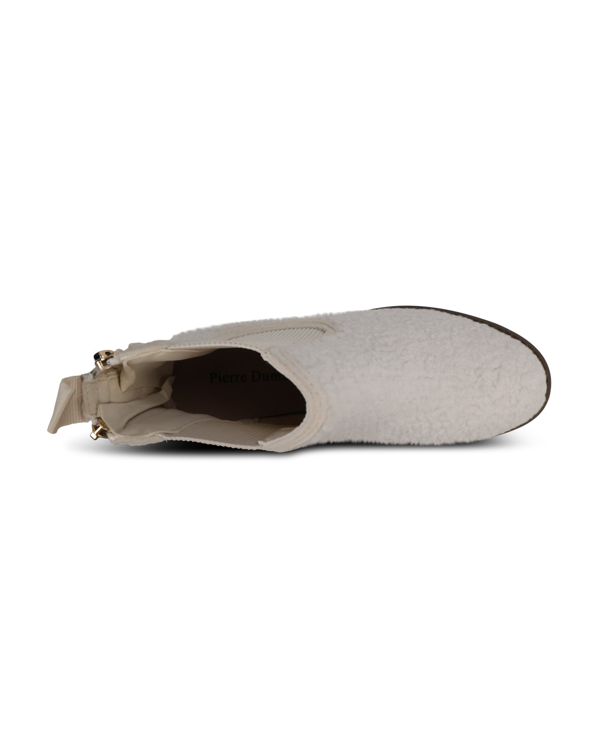 A light beige ankle boot with a fuzzy textured upper, a side zipper with a decorative tie detail, and a dark sole, shown from a side profile view on a white background.