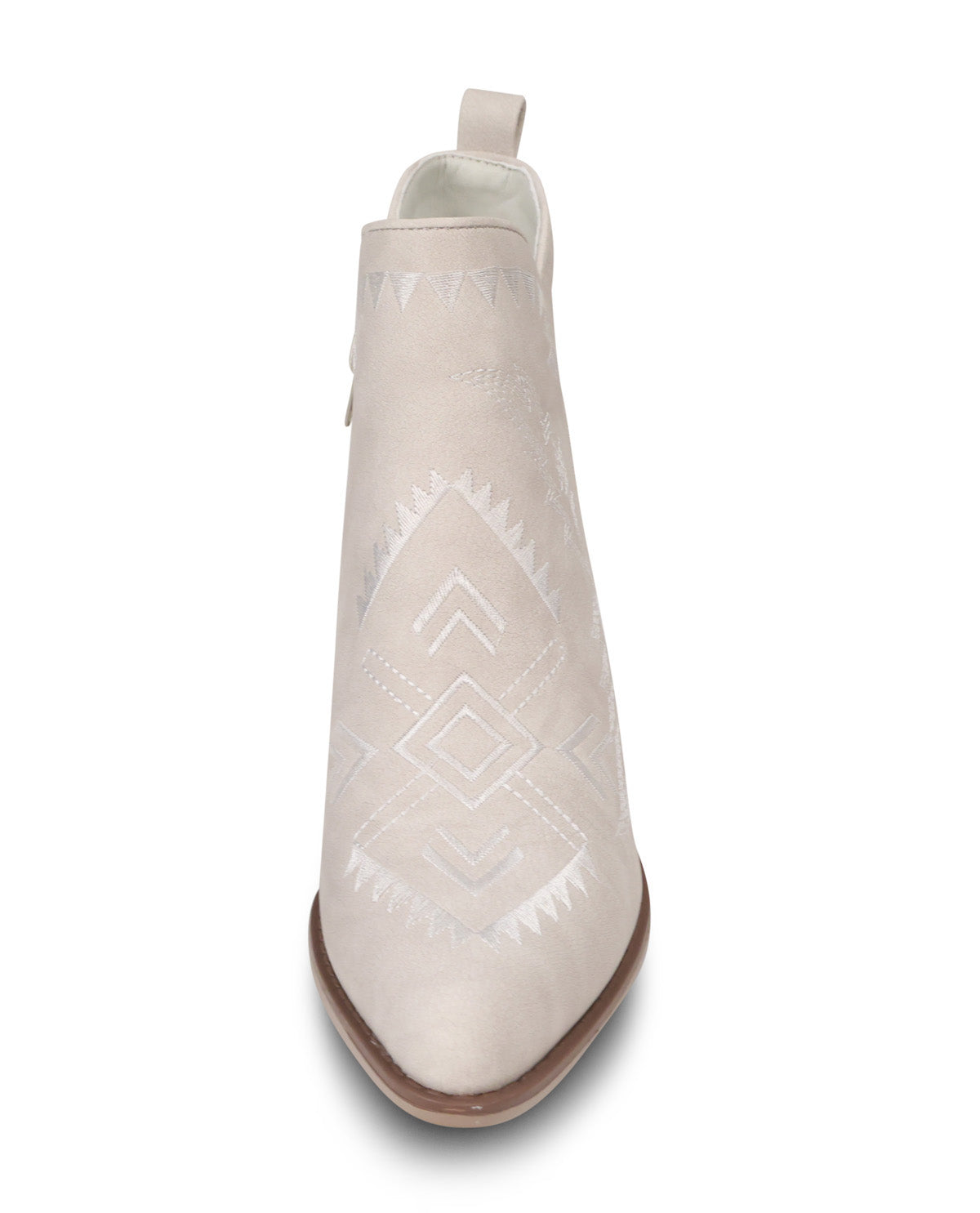 A light beige western-style ankle boot with a pointed toe, featuring a white geometric pattern on the front and a brown sole, shown against a plain white background.
