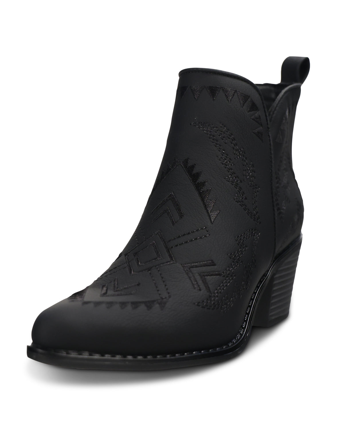 A black leather ankle boot with western-style embossed geometric patterns on the toe and shaft, a pull tab, and a stacked wedge heel, shown against a plain white background.