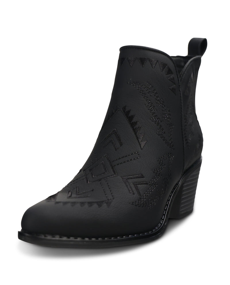 A black leather ankle boot with western-style embossed geometric patterns on the toe and shaft, a pull tab, and a stacked wedge heel, shown against a plain white background.