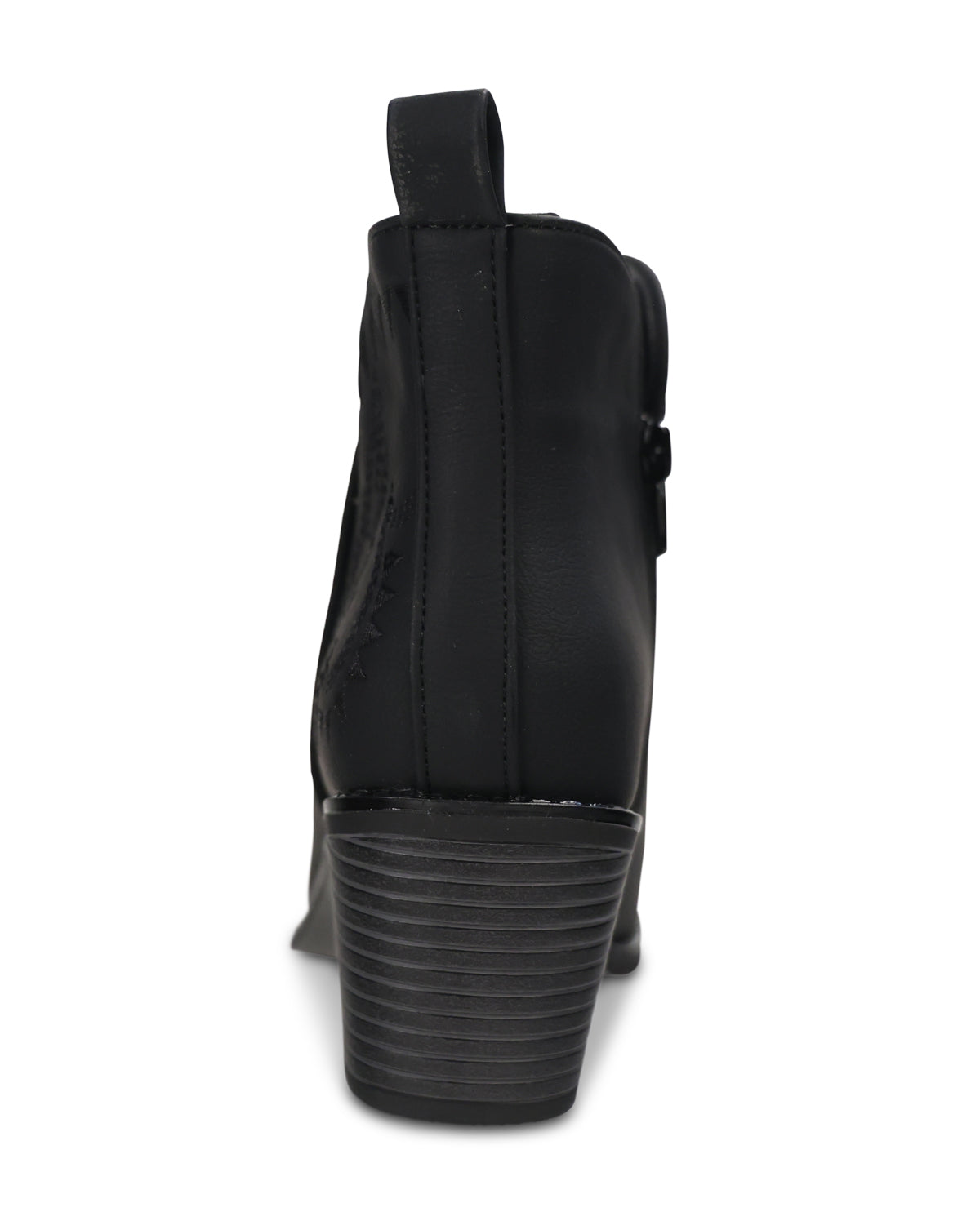 Black leather ankle boot shown from the back, featuring a stacked block heel and a pull tab at the top, set against a plain white background.
