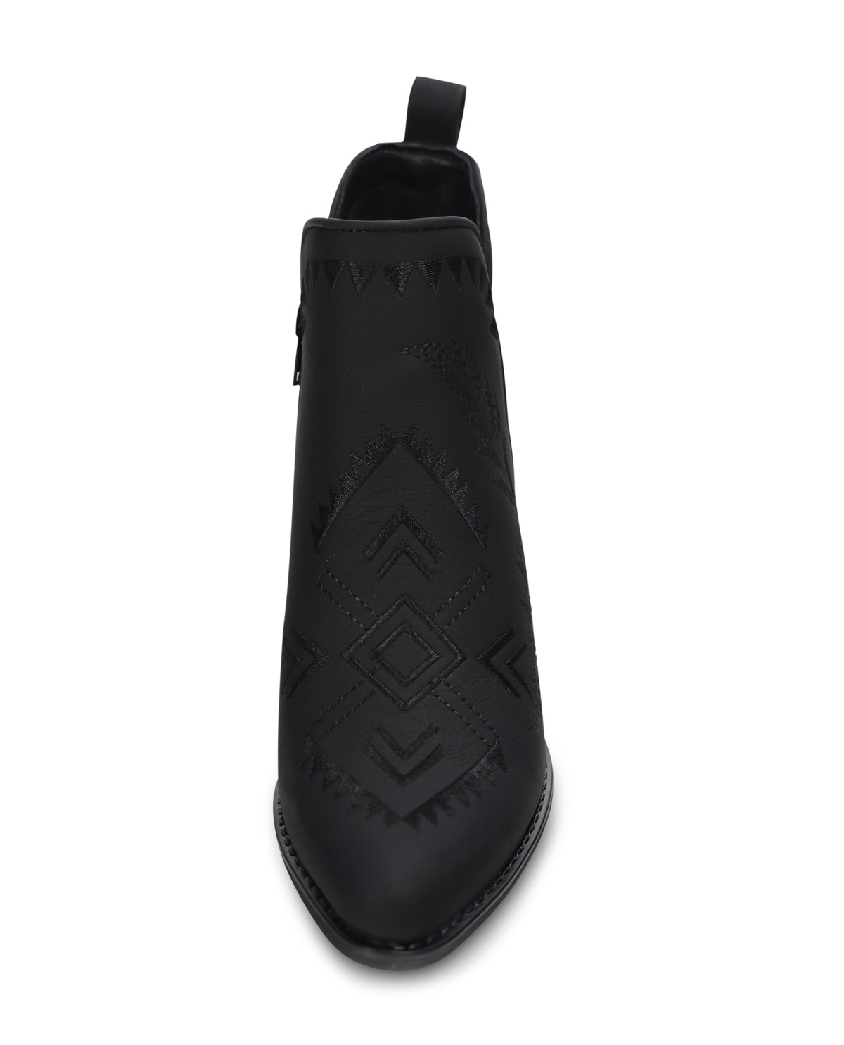 A single black leather ankle boot with a pointed toe and embossed geometric tribal patterns, shown from a top-down view on a white background.