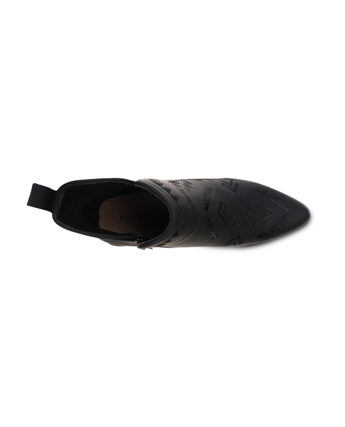 Black ankle boot from top down view on a white background