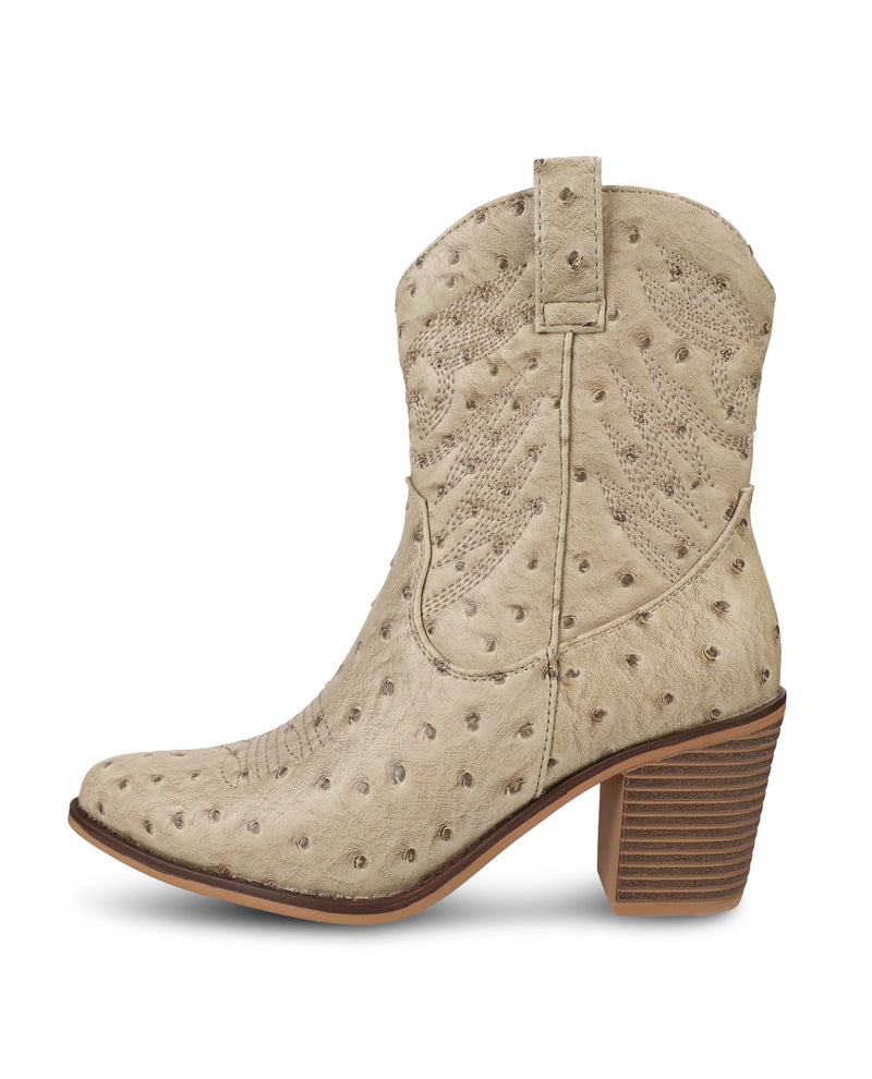 A single light beige ostrich-textured ankle boot with a pointed toe and a stacked block heel, shown from a side profile on a white background.