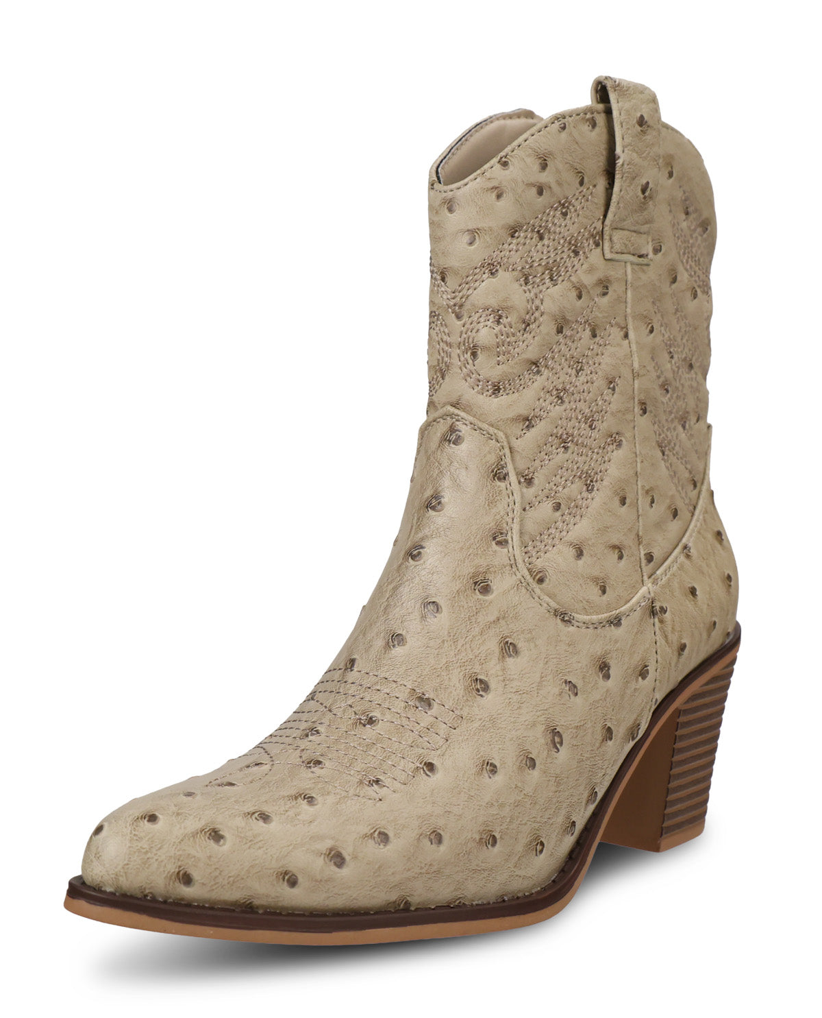 A single women's western ankle boot in light beige ostrich-textured leather with a brown stacked heel and sole, shown on a plain white background.