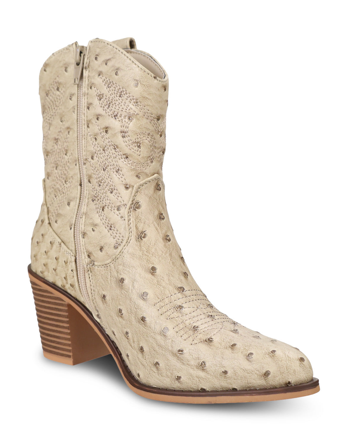 A light beige ostrich-textured leather cowboy boot with a brown stacked block heel, shown from a three-quarters angle on a white background.