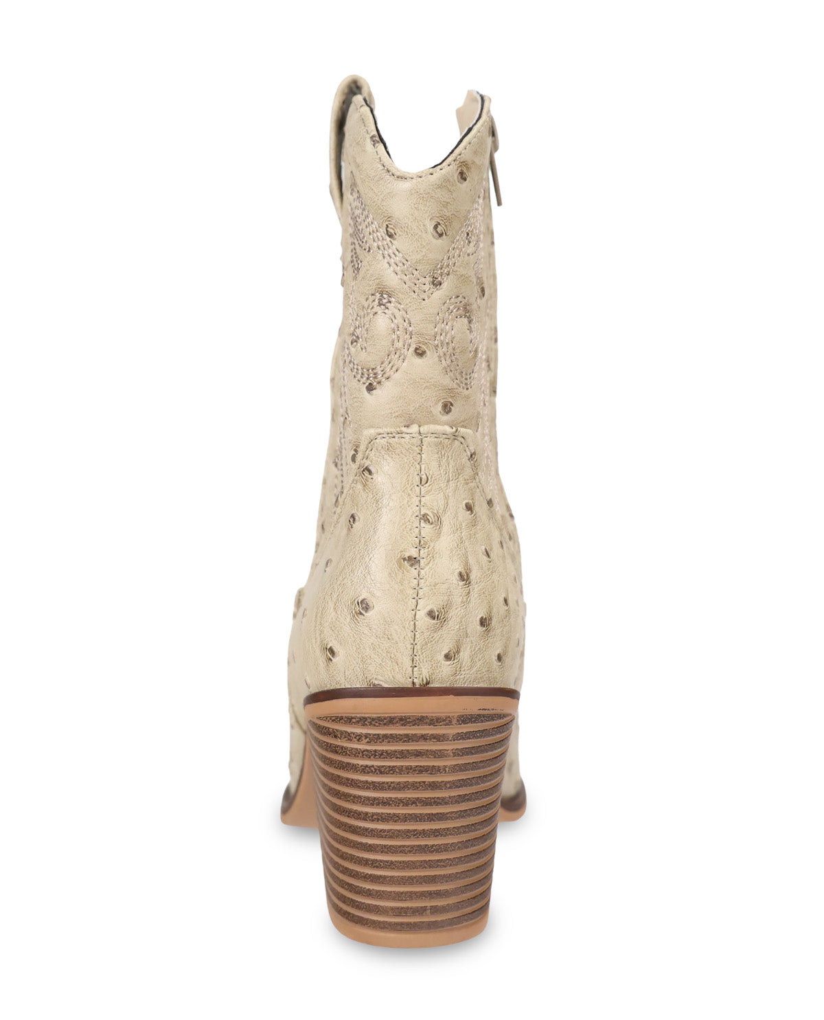 A single light beige ostrich-textured leather cowboy boot shown from the back, featuring a stacked brown block heel and decorative stitching on a plain white background.
