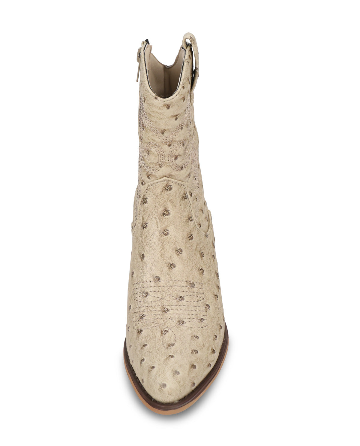 A single beige ostrich-textured leather ankle boot with a pointed toe and a brown sole, shown from a top-down view on a white background.