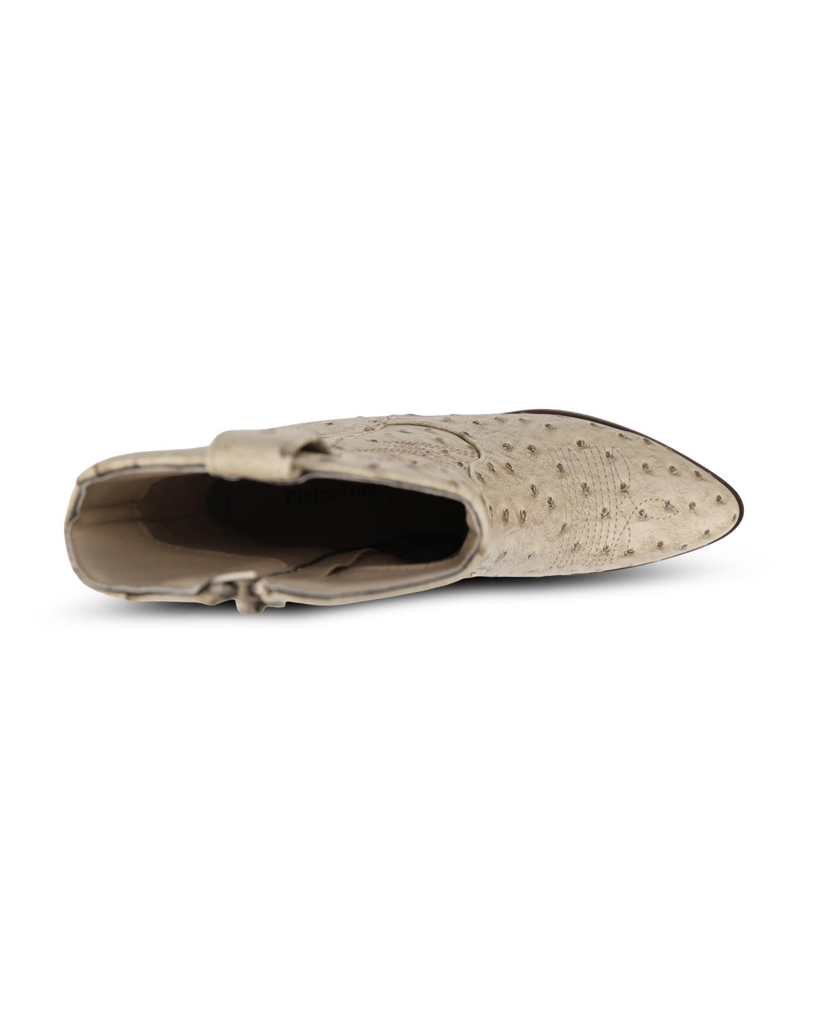 A single light beige ostrich-textured leather cowboy boot shown from a side view on a plain white background.