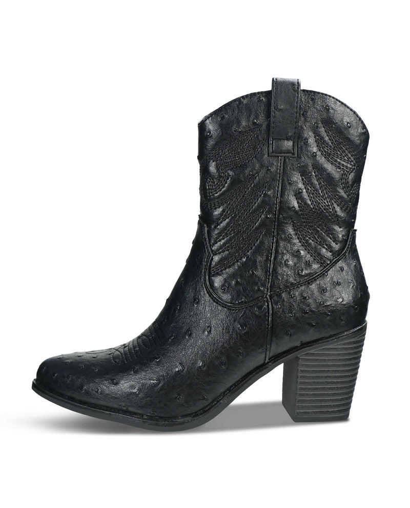 A single black western ankle boot with ostrich-textured leather, a pointed toe, and a stacked block heel, shown against a plain white background.