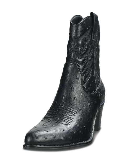 A single black western ankle boot with ostrich-textured leather, a pointed toe, and a stacked block heel, shown against a plain white background.