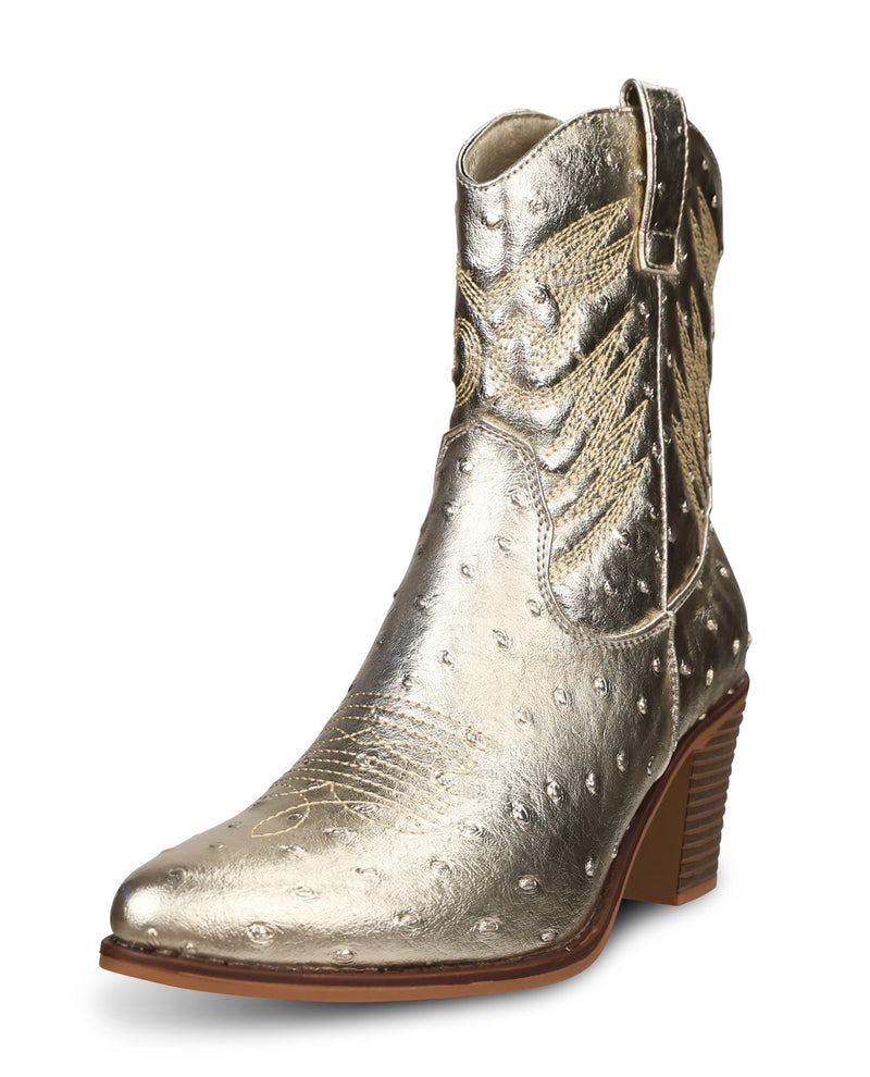 Gold metallic cowboy boot on a white background