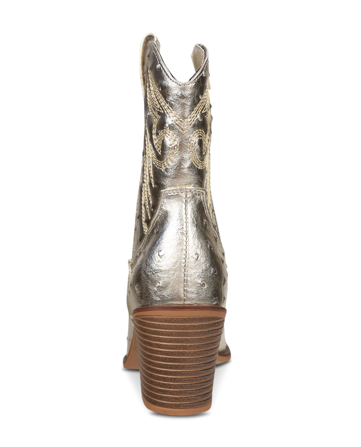 Gold metallic cowboy boot on a white background