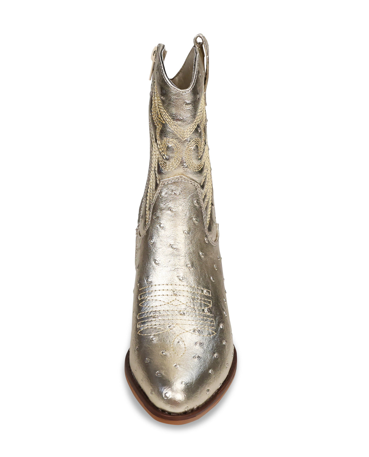 Gold metallic cowboy boot on a white background